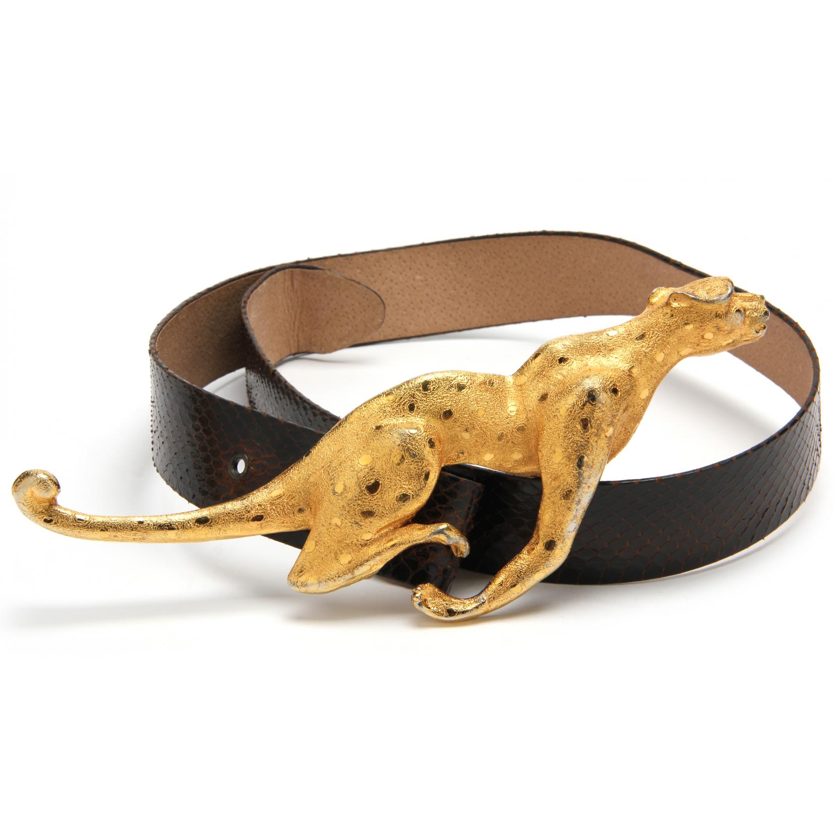 Christopher Ross Gold Cheetah Vintage Belt Buckle & Metallic Gold Leather Belt Running Cheetah Belt Buckle, Christopher Ross (Lot 1005  main image 3