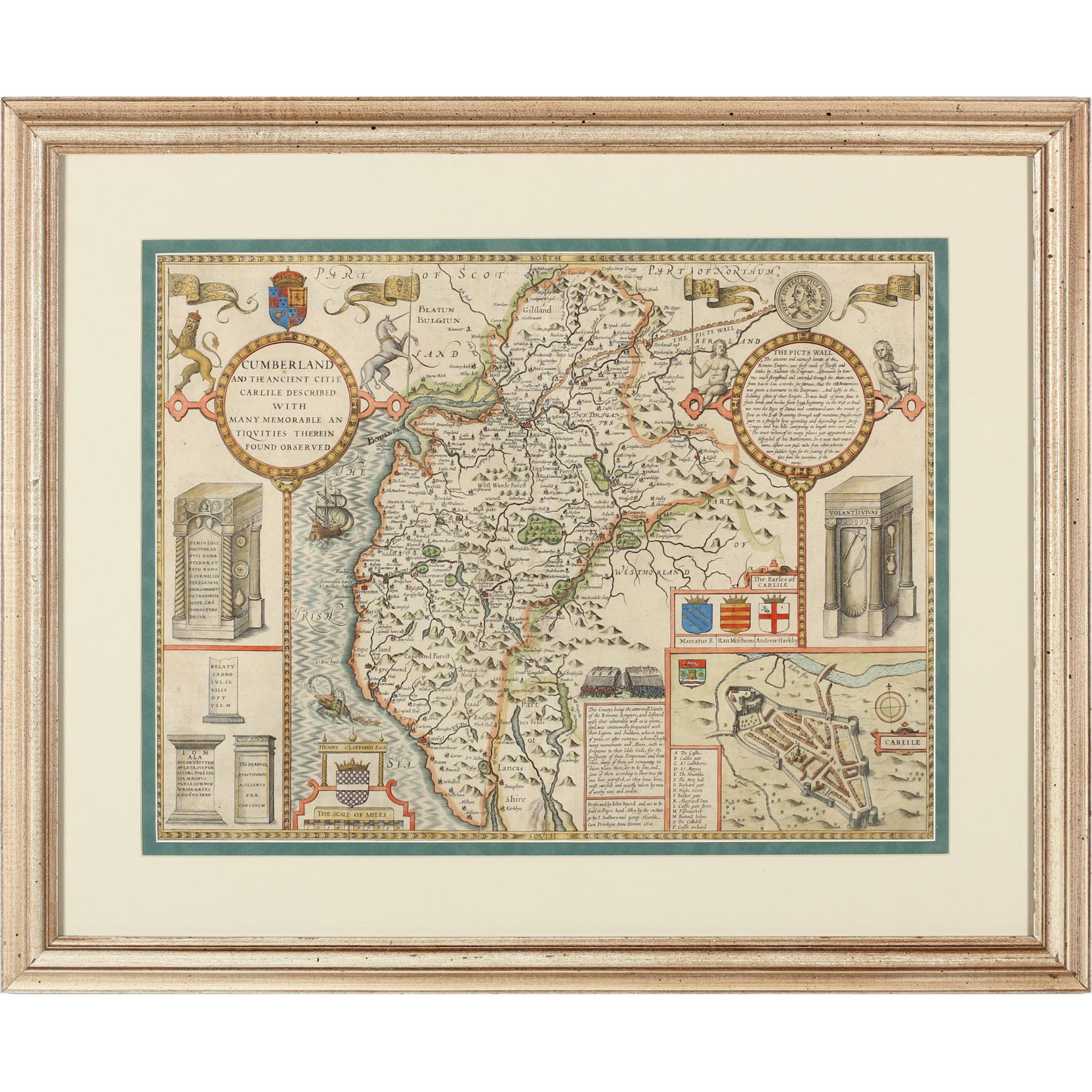 大型作品　西洋古地図　1676年 J. Speed「Lyncolne」 17th Century John Speed County Map of Cumberland (Lot 1111 - The