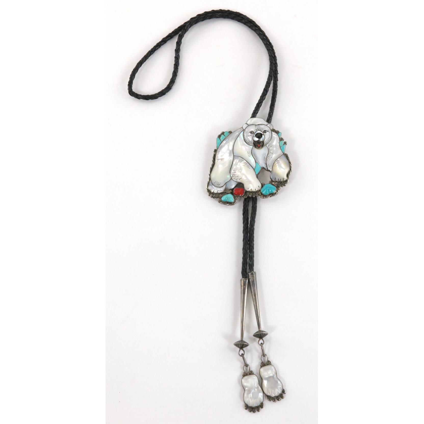 Carved Zuni Inlaid Bear Bolo, Signed Ray & Bernice Wyaco Carved Zuni Inlaid Bear Bolo, Signed Ray & Bernice Wyaco