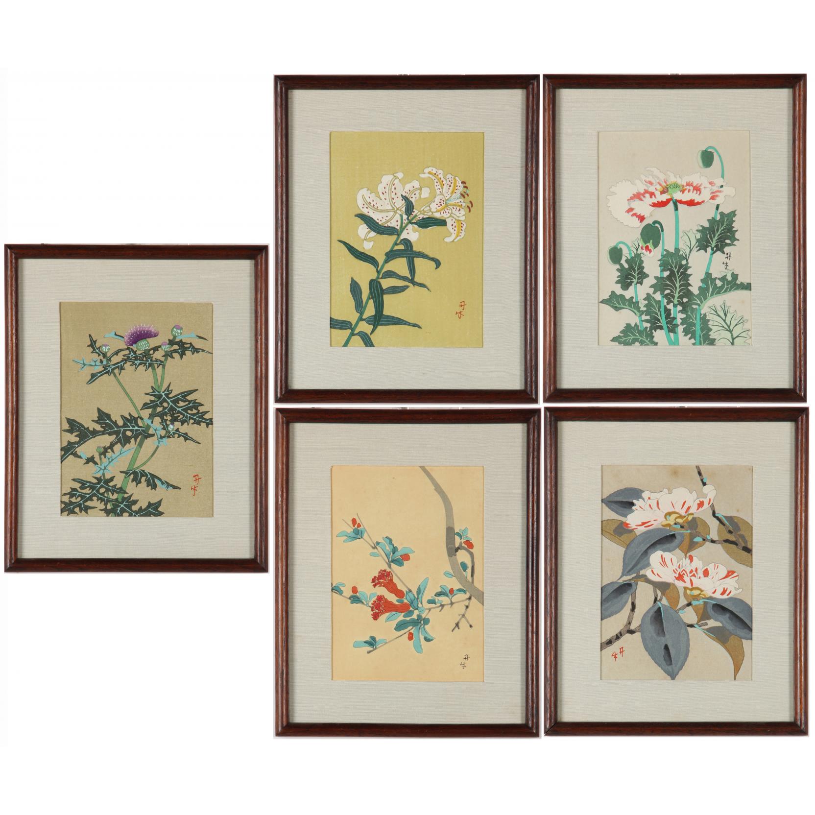 Benji Asada (Japanese, 20th century), Five Woodcuts of Flowers