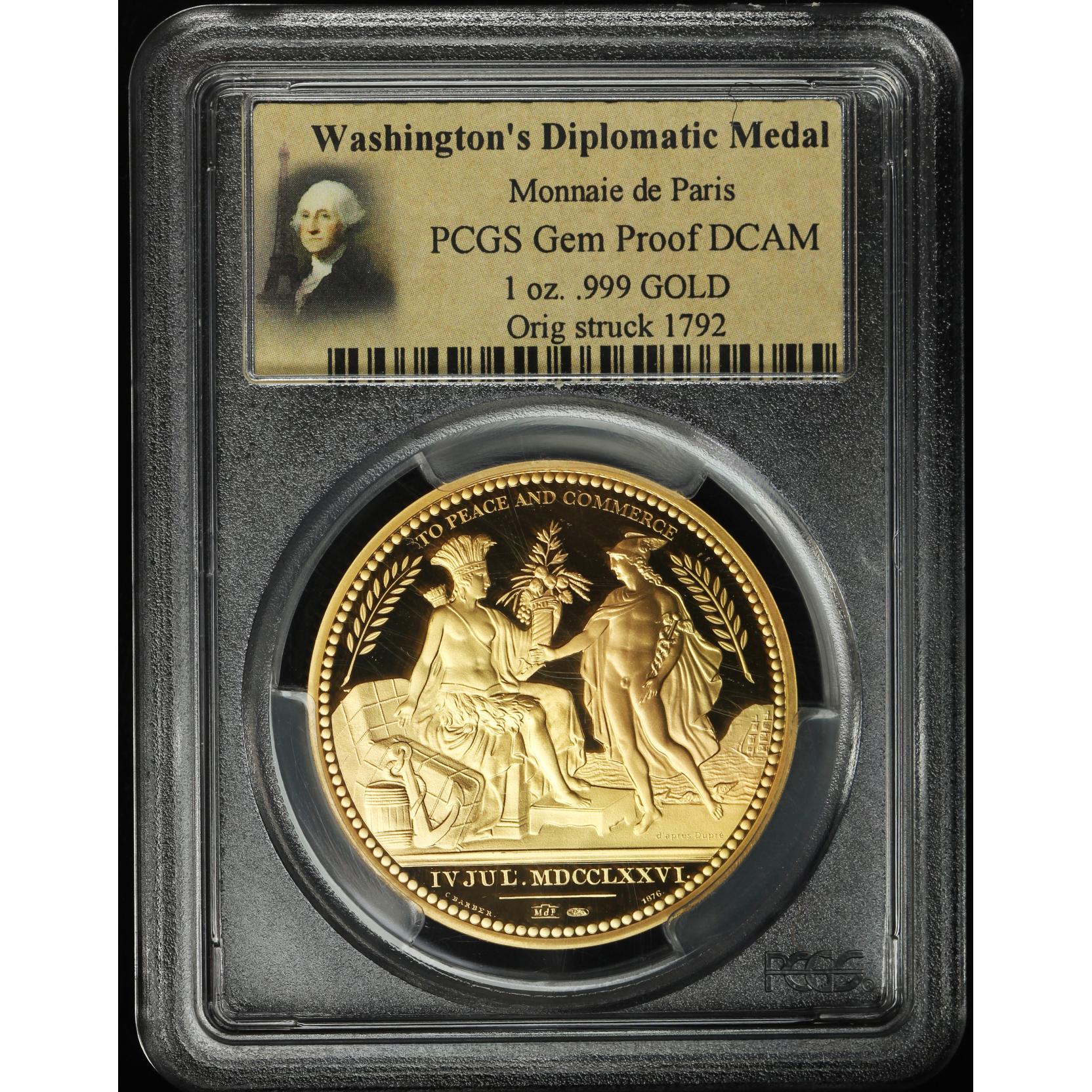 Washington's 1792 Diplomatic Medal 1oz. Restrike in .999 Gold (Lot