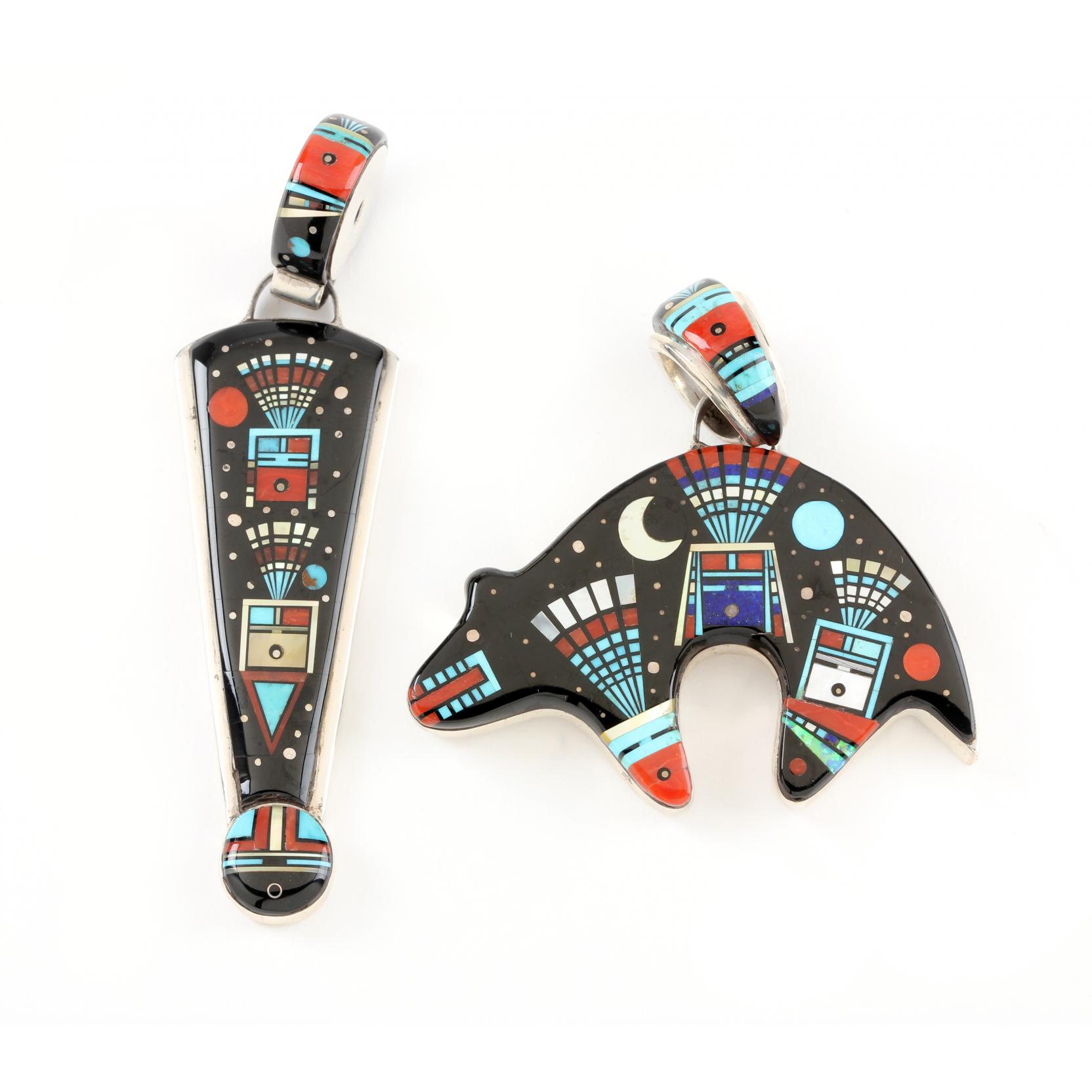 Two Navajo Sterling Silver Multi Stone Night Sky Pendants, Erwin