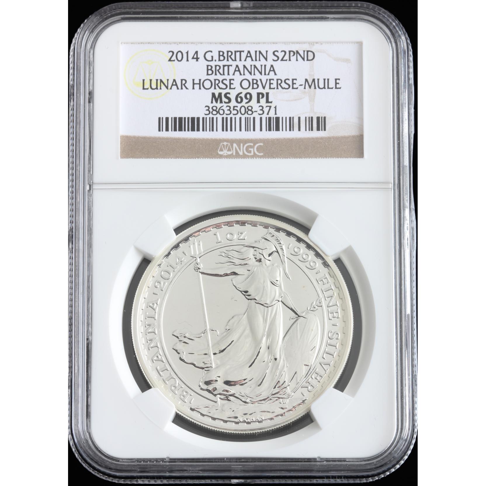 UK, Two 2014 £2 Silver 1oz. Britannia Lunar Horse Obverse Mule