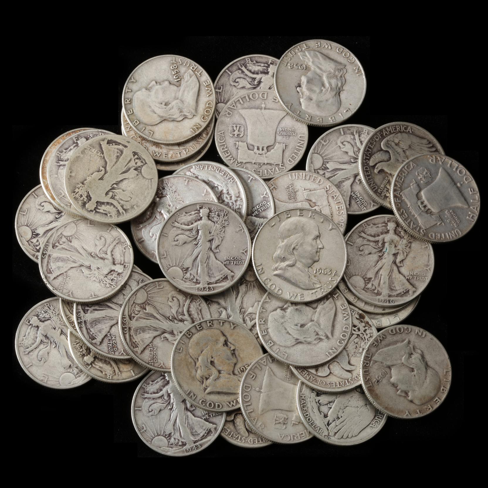 40 Circulated 90% Silver Half Dollars (Lot 2079 - Mid-Summer Coin