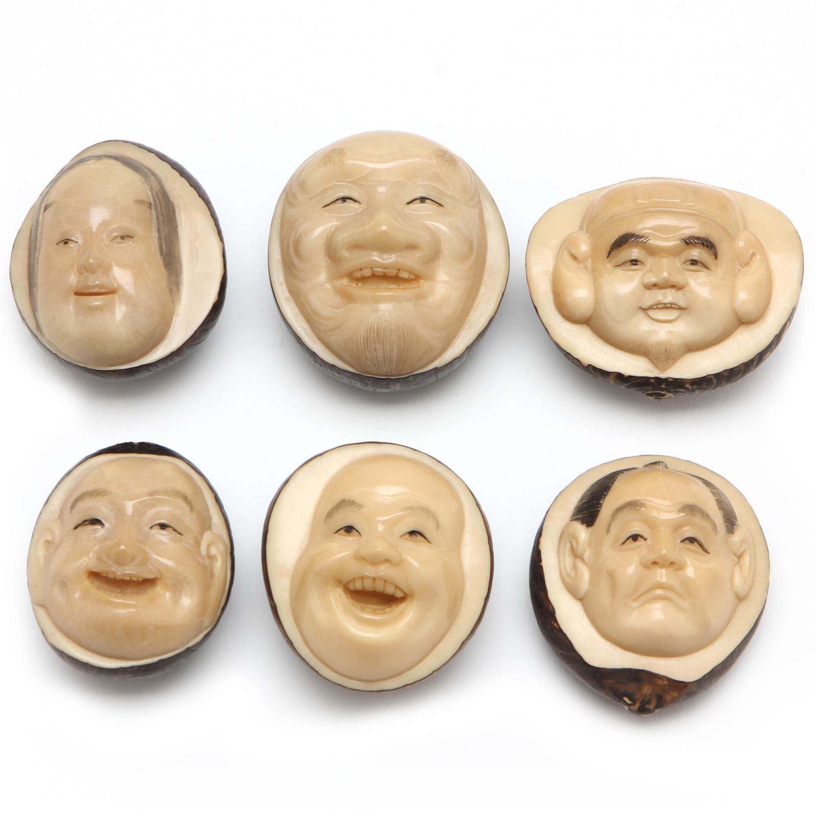 Group of Six Japanese Carved Tagua Nut Netsuke (Lot 2058 - Asian