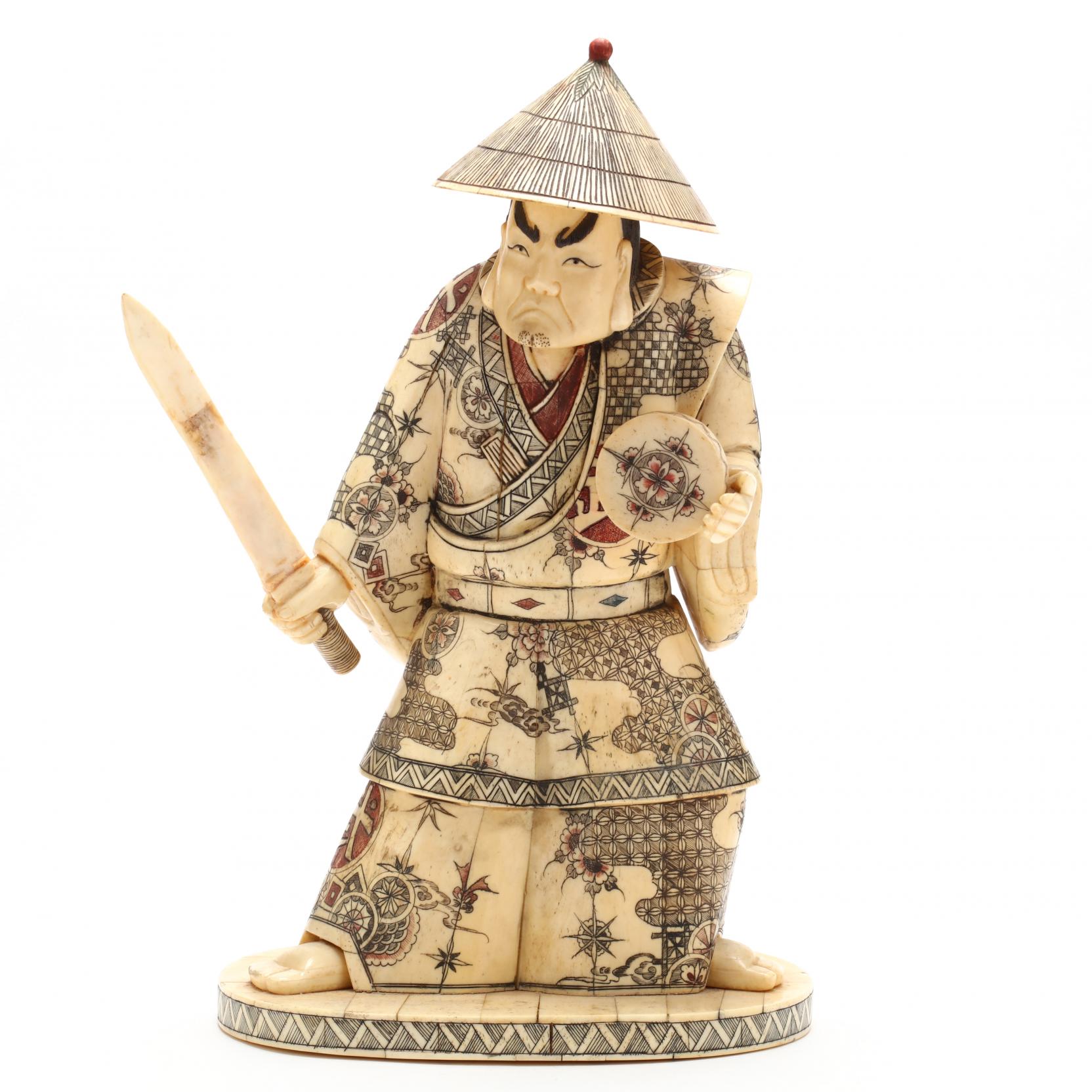 【希少 大サイズ】ANRI Golden Blossom 38cm 木彫り 美品 A Japanese Bone Samurai Okimono Figurine (Lot 3080 - The