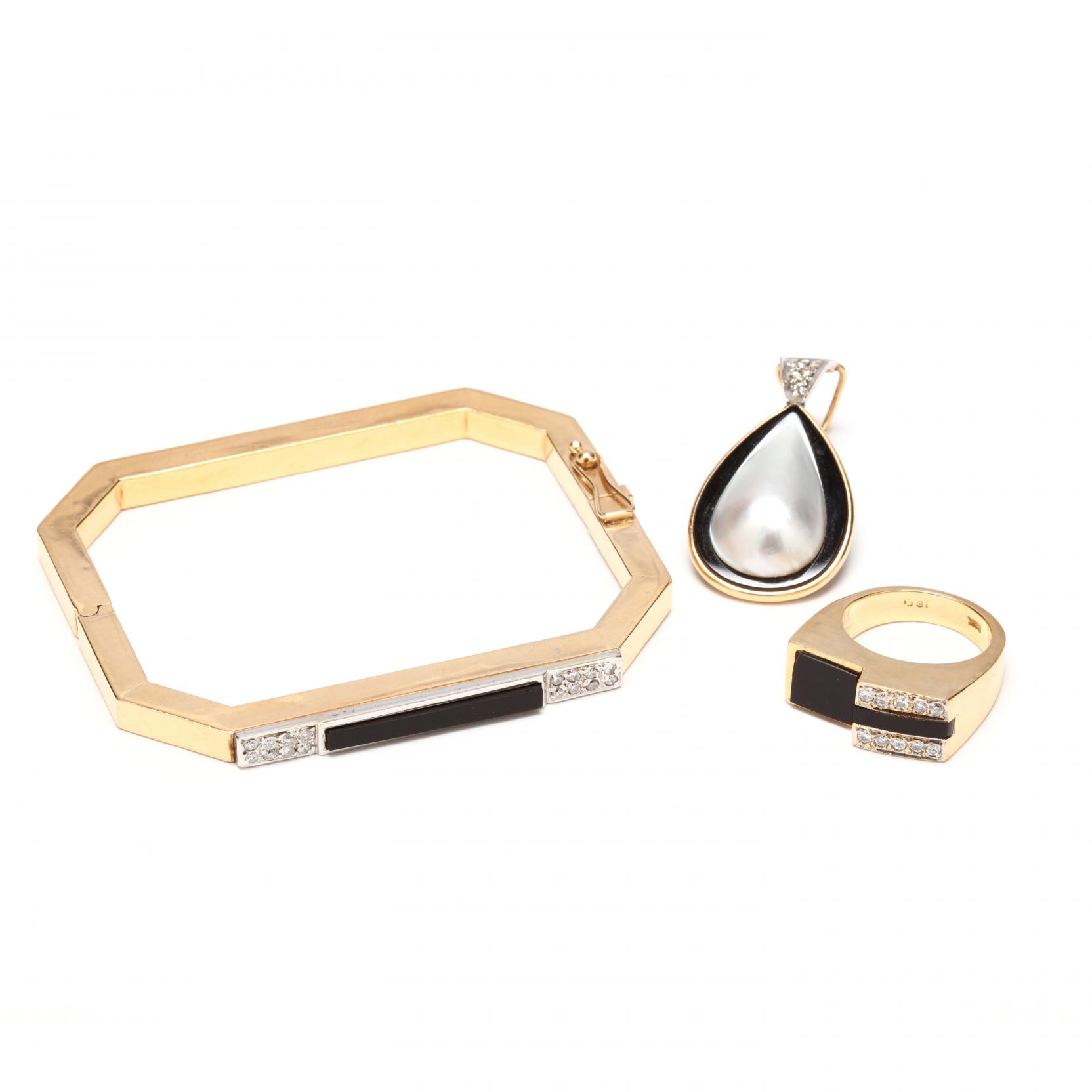 14kt-gold-onyx-and-diamond-bracelet-and-ring-set-and-mabe-enhancer