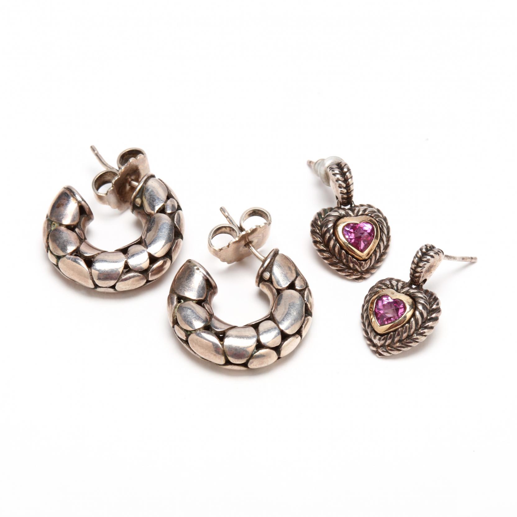 a-pair-of-john-hardy-sterling-earrings-and-a-pair-of-silver-and-10kt-gold-earrings
