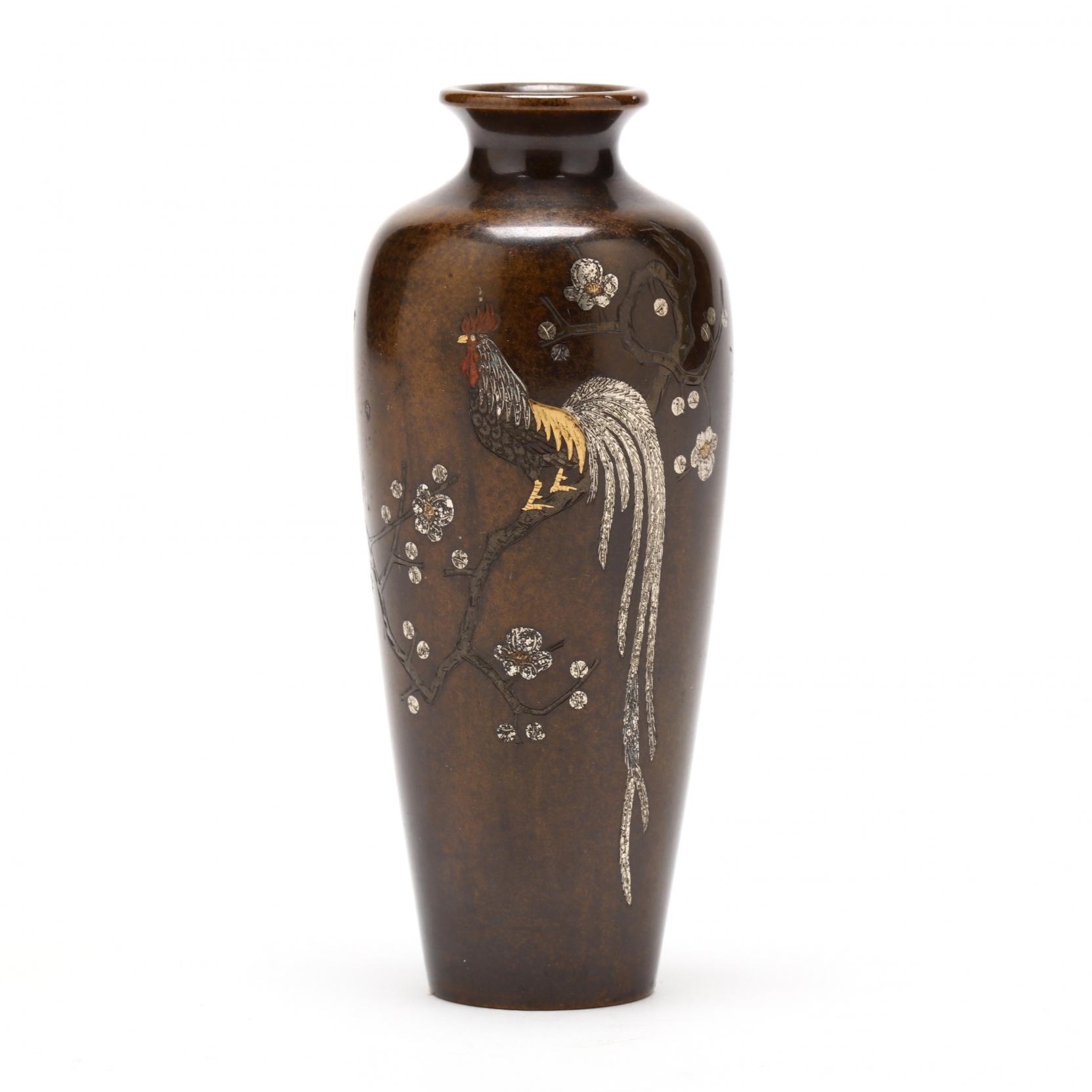 A Japanese Inlaid Bronze Vase with Rooster by Nogawa Noboru (Lot