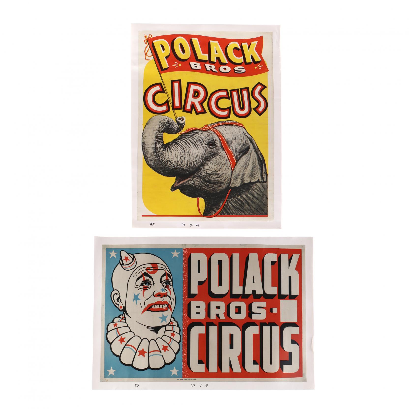 Two Polack Bros Vintage Circus Posters, Elephant and Clown (Lot