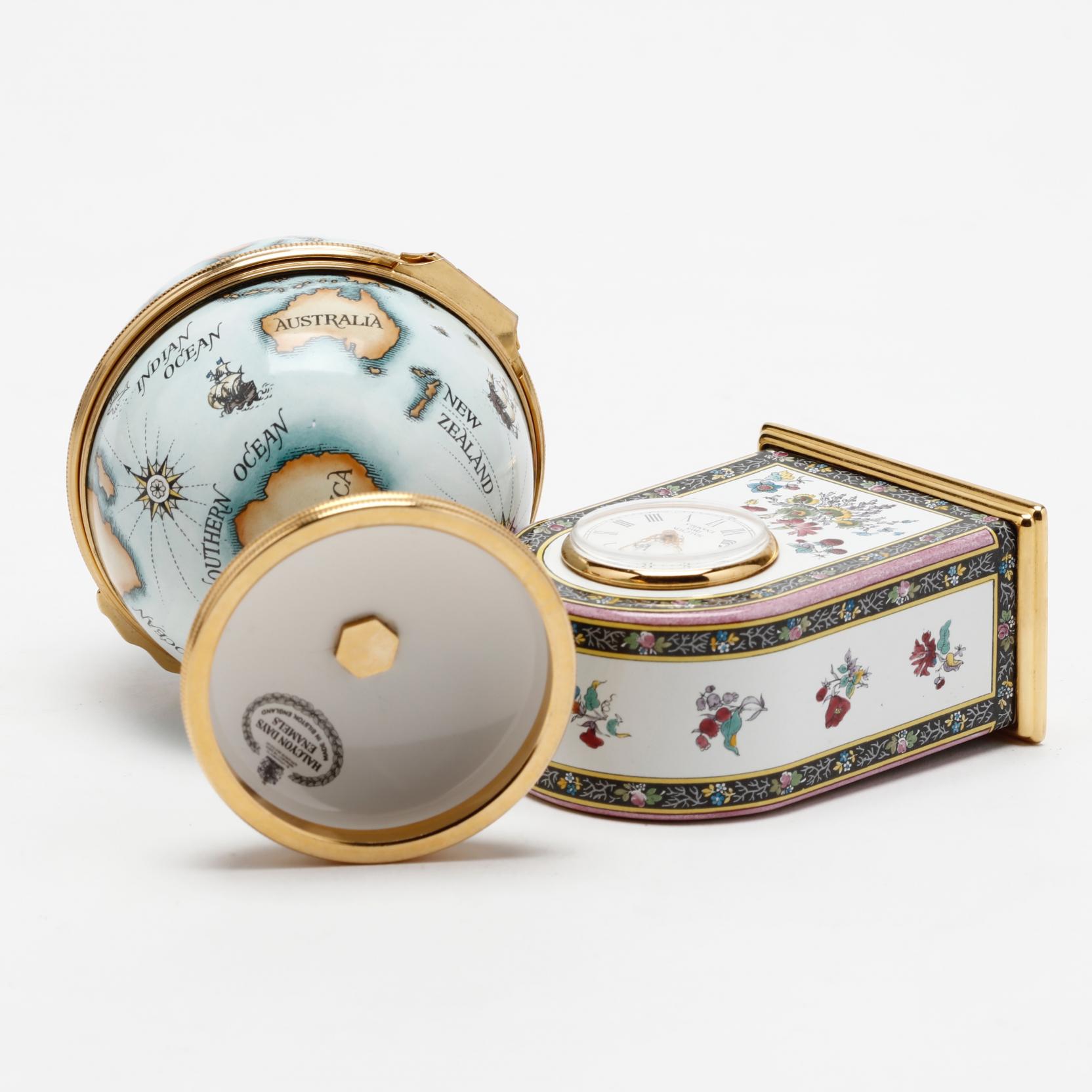 Two Halcyon Days Enamel Clocks (Lot 457 - End-of-Summer Gallery