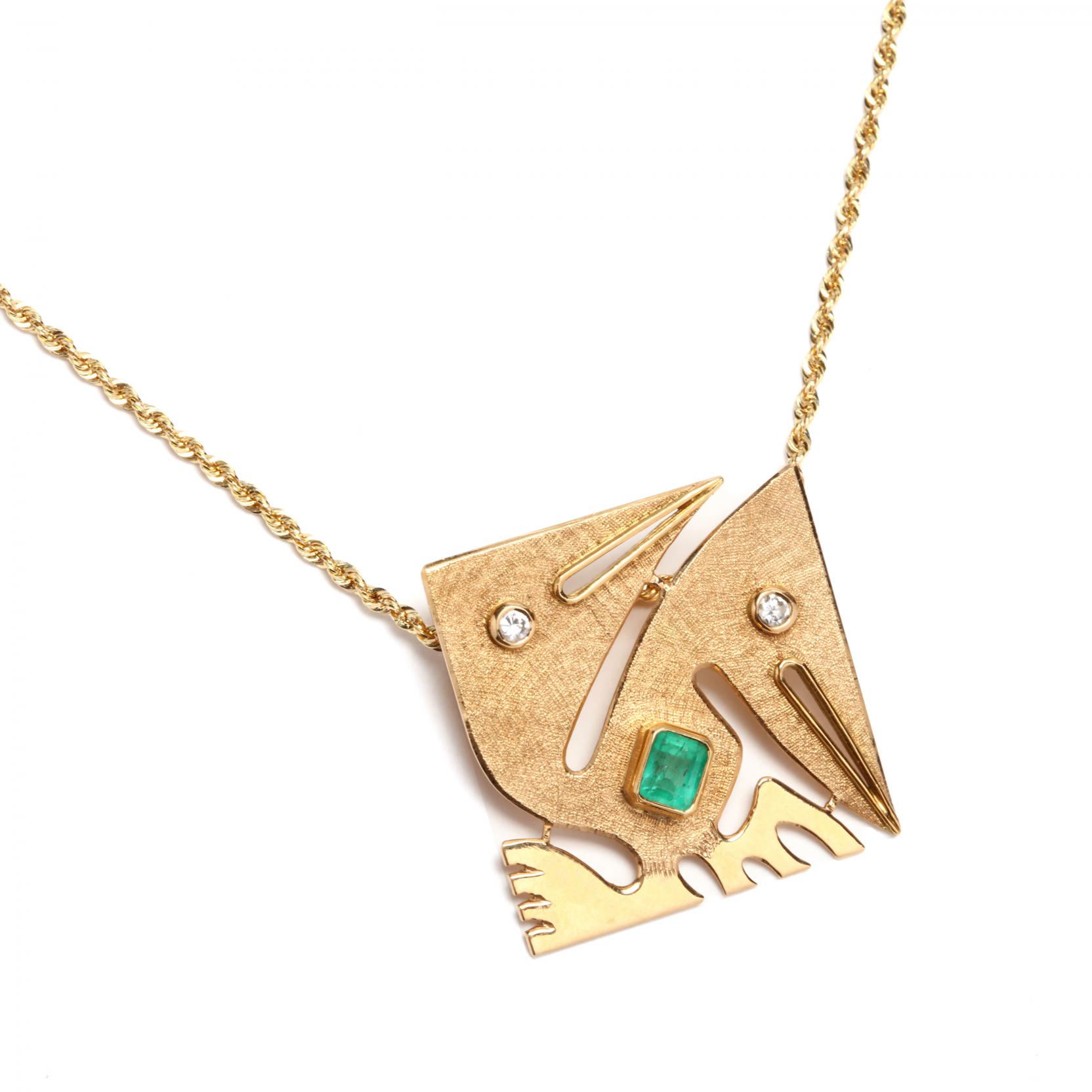 18kt-emerald-and-diamond-pre-columbian-motif-pendant-with-14kt-gold-chain