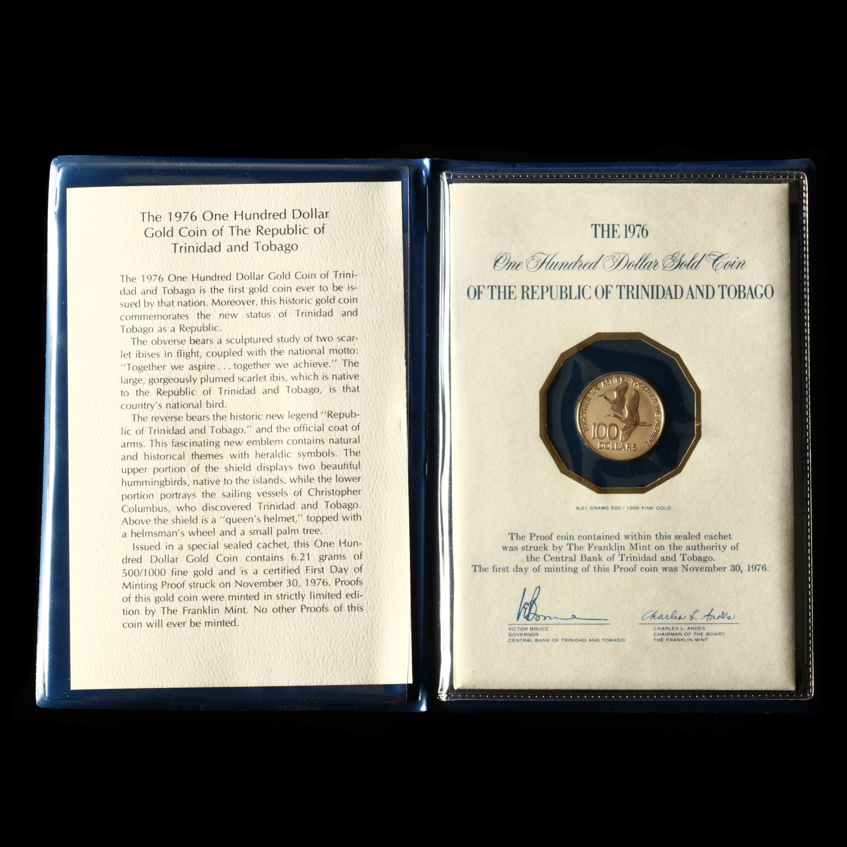 Trinidad and Tobago, 1976FM Proof 100 Dollar Gold Coin (Lot 2106 