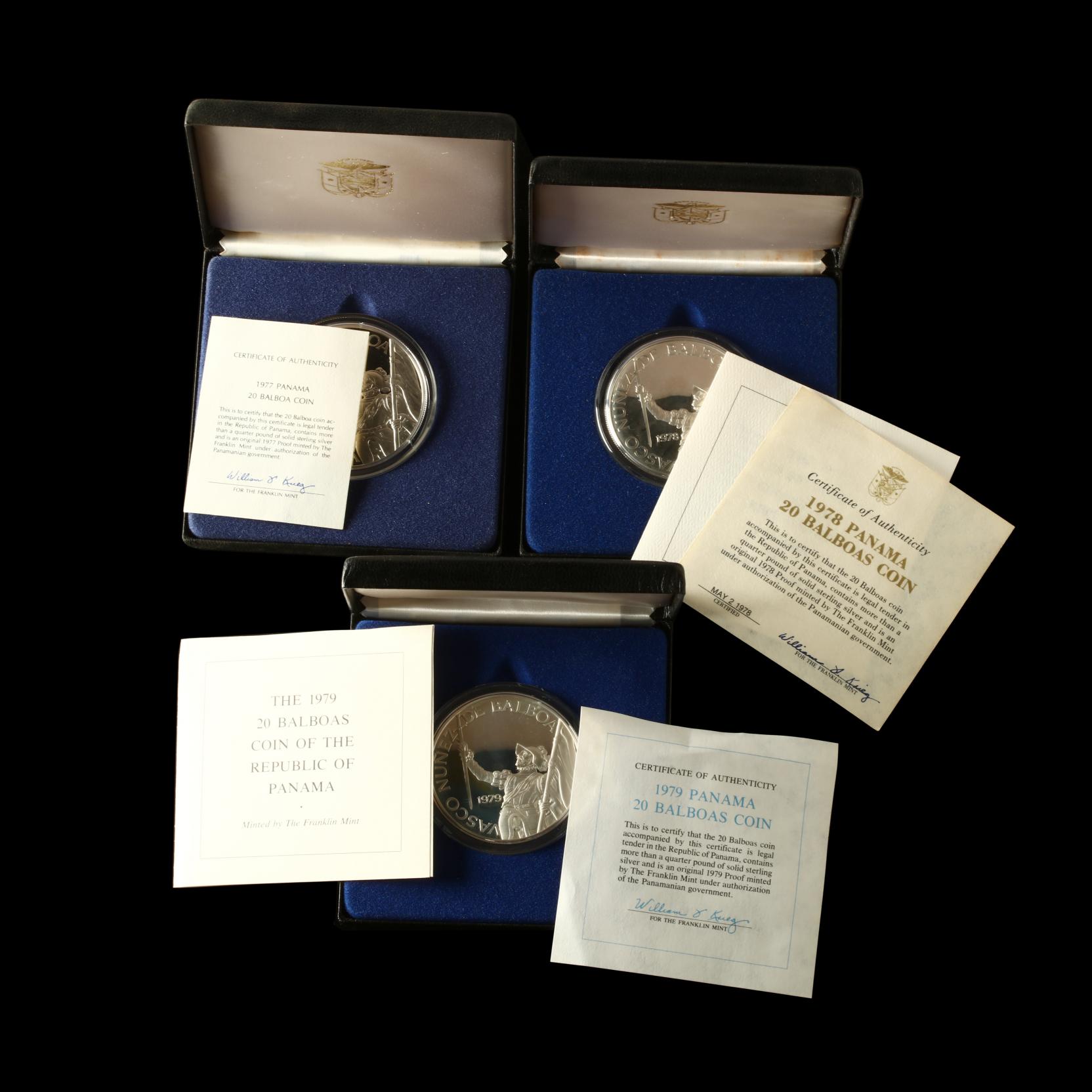 Panama, 1977, 1978, 1979 Franklin Mint Silver 20 Balboas Panama, 1977, 1978, 1979 Franklin Mint Silver 20 Balboas