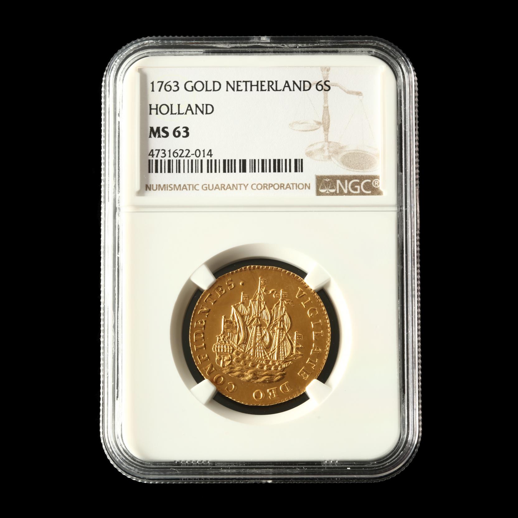 Netherlands, 1763 Gold 6 Stuivers, NGC MS63 (Lot 2077 - Single 