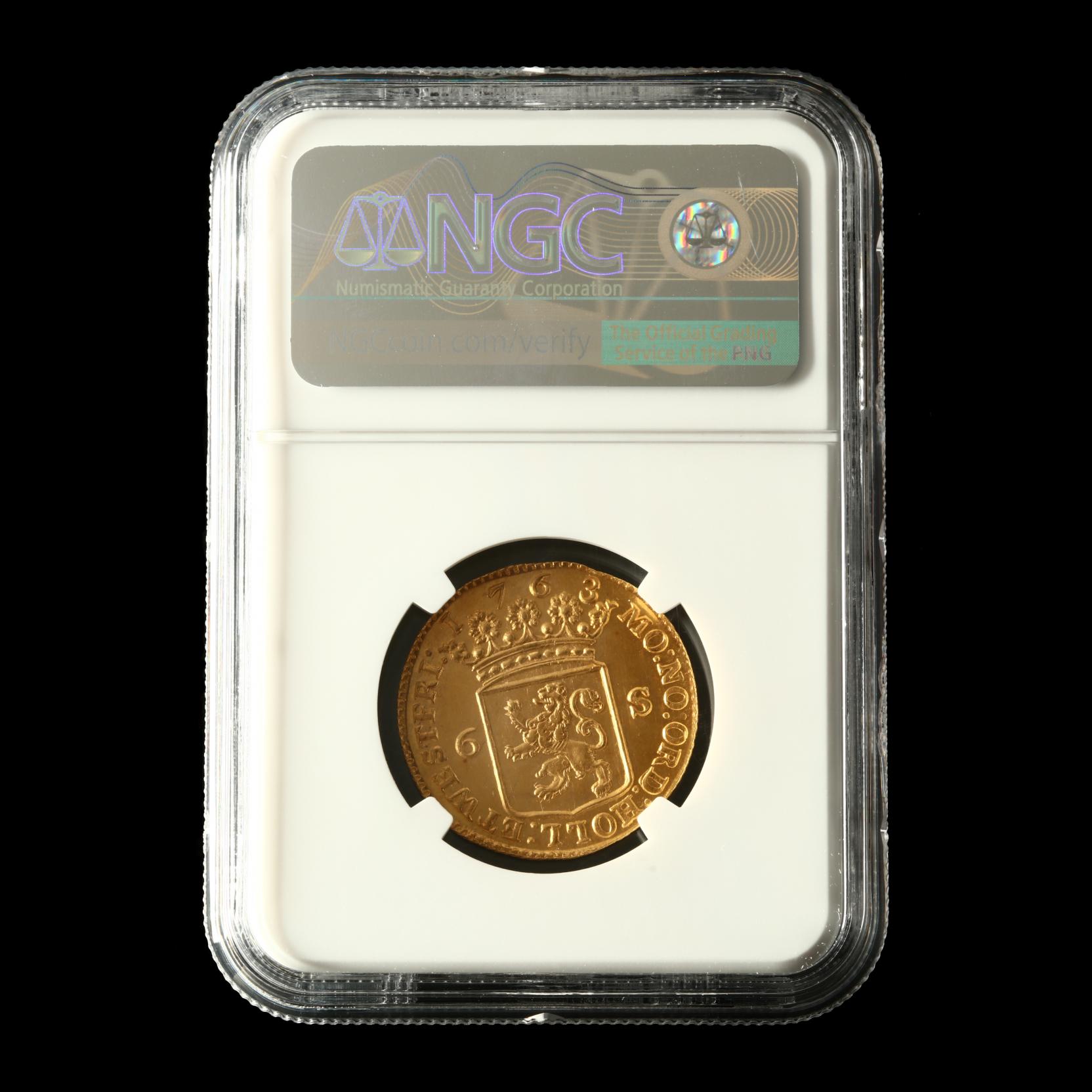 Netherlands, 1763 Gold 6 Stuivers, NGC MS63 (Lot 2077 - Single 