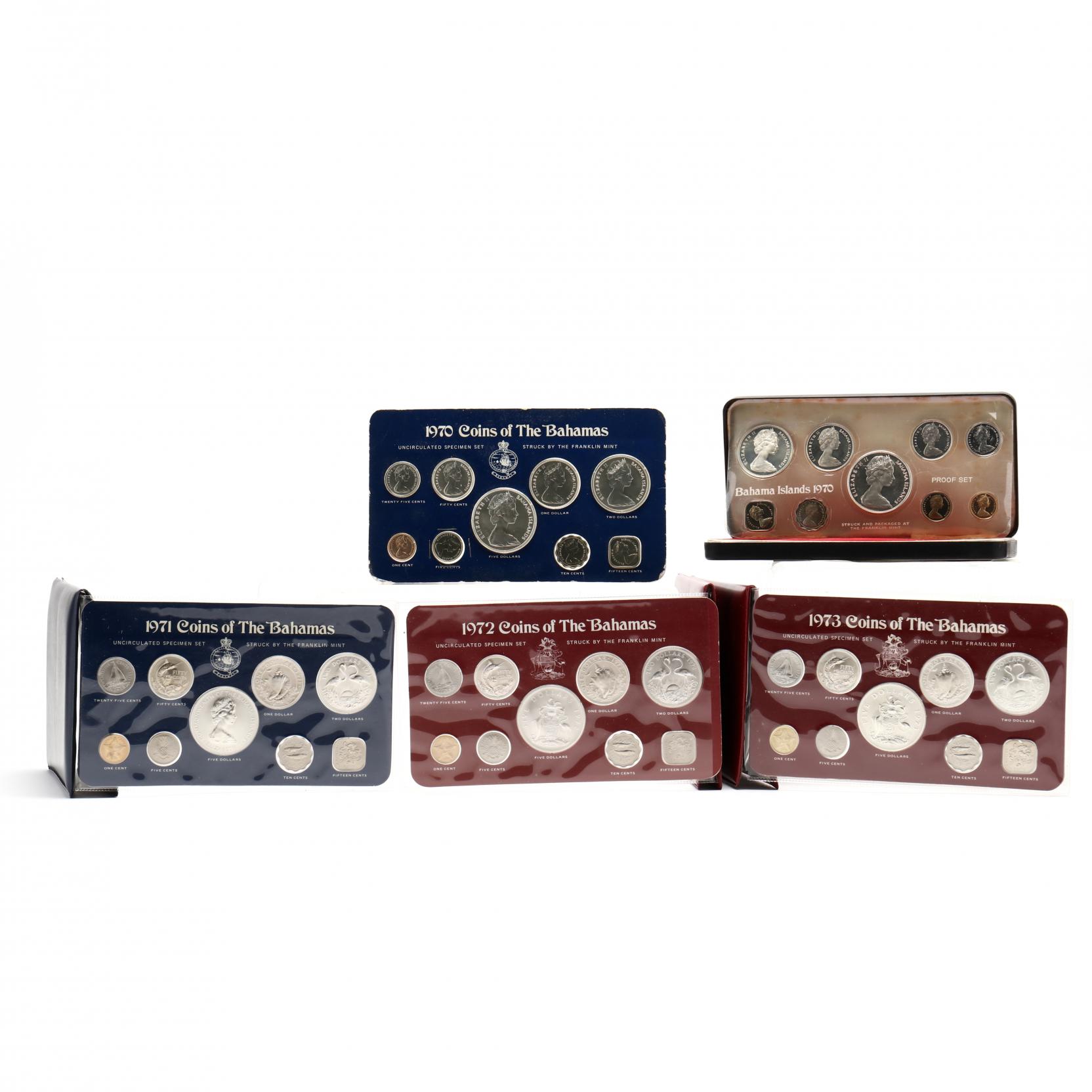 Bahamas, 1970 Franklin Mint Proof Set and Four Uncirculated