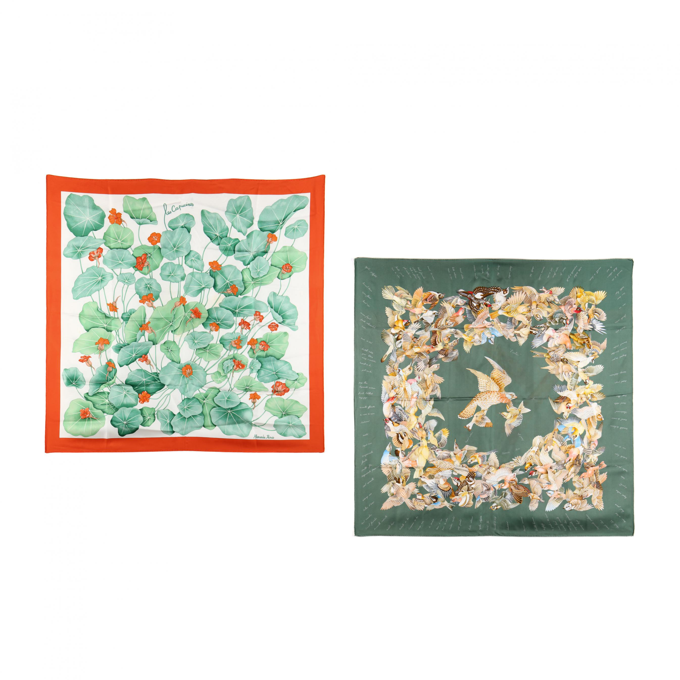 Two Silk Scarves l'intrus and les Capucines. Hermes (Lot 1160