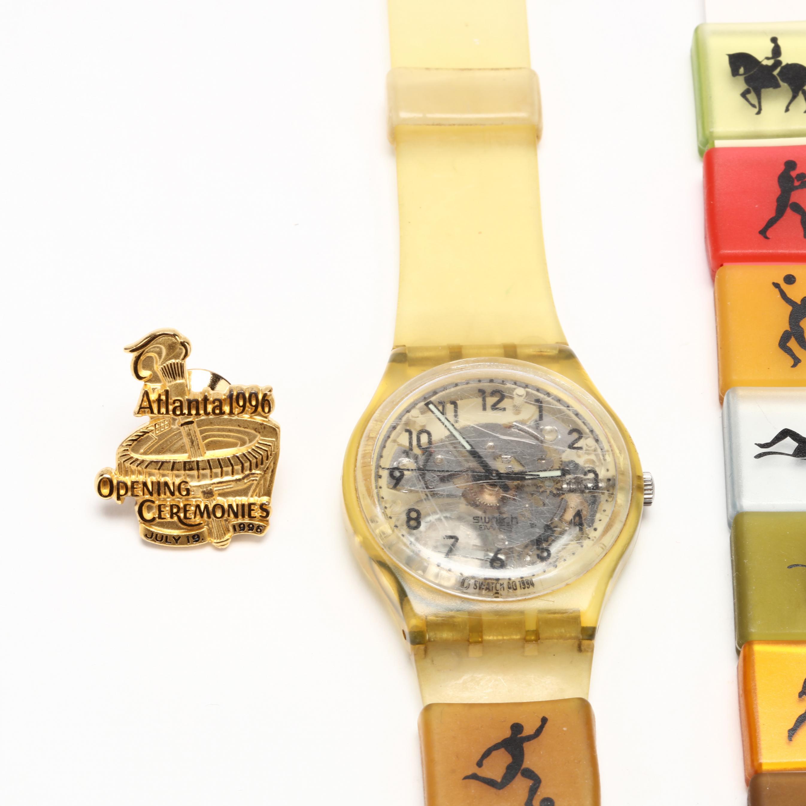 Swatch Olympic 1996 時計 ゴールド/ブラック NEW Swatch Watch Vintage 1996 Olympics Watch Atlanta Never