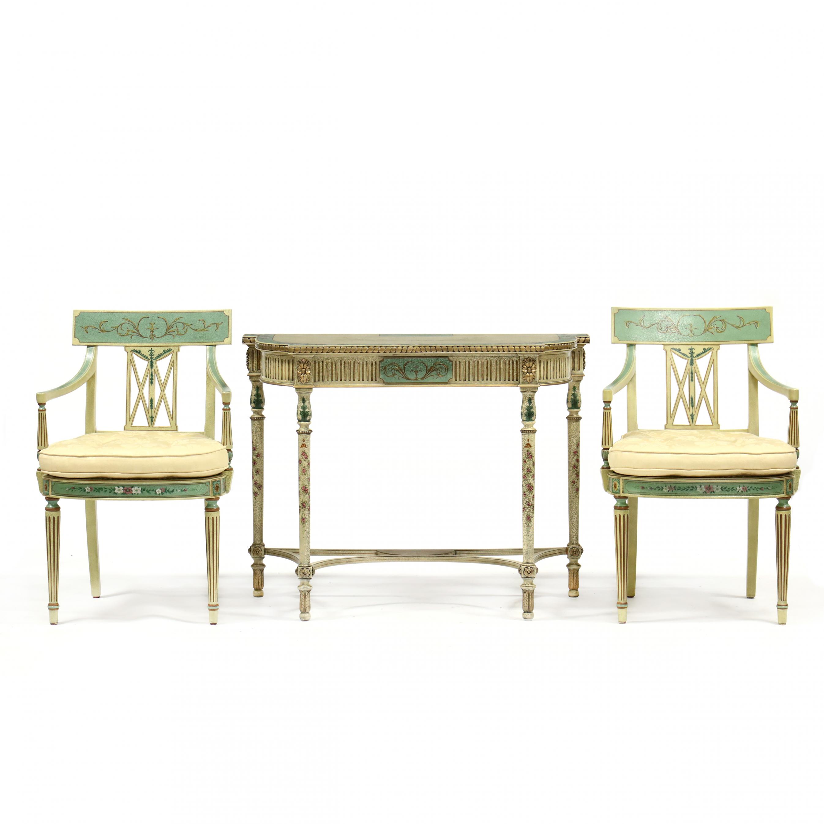maitland-smith-adam-style-painted-console-and-two-chairs