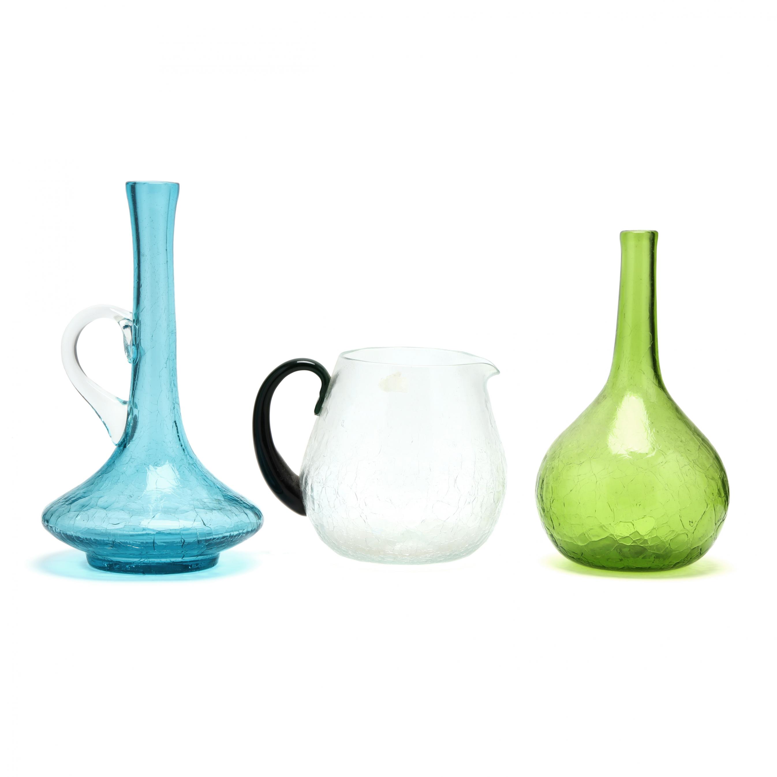 blenko-three-crackle-glass-pitchers