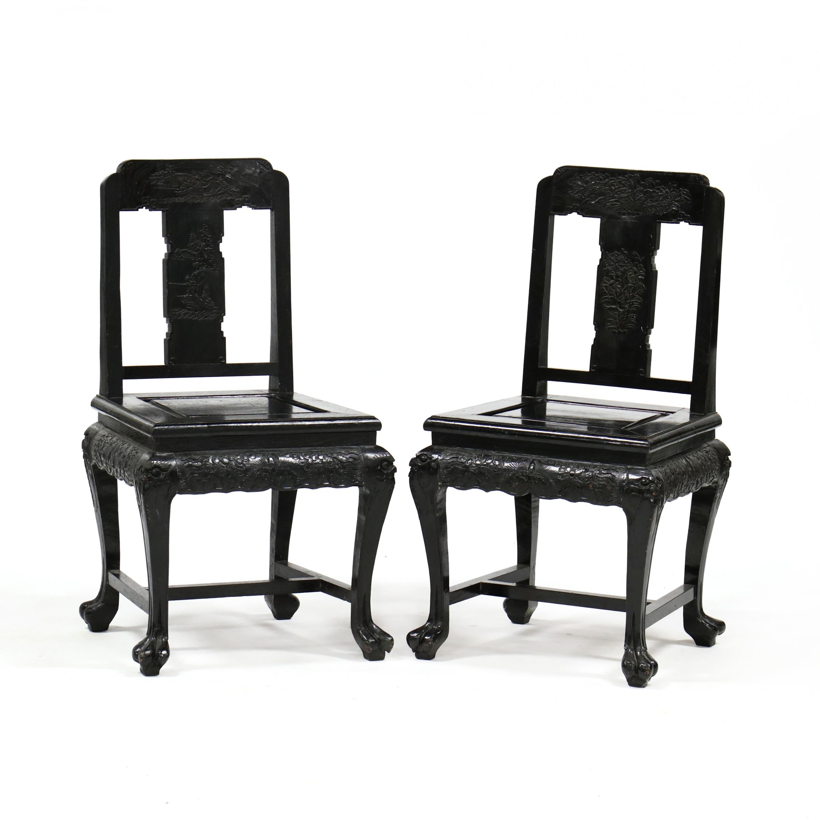 George Zee & Co., Pair of Chinese Black Lacquered Carved