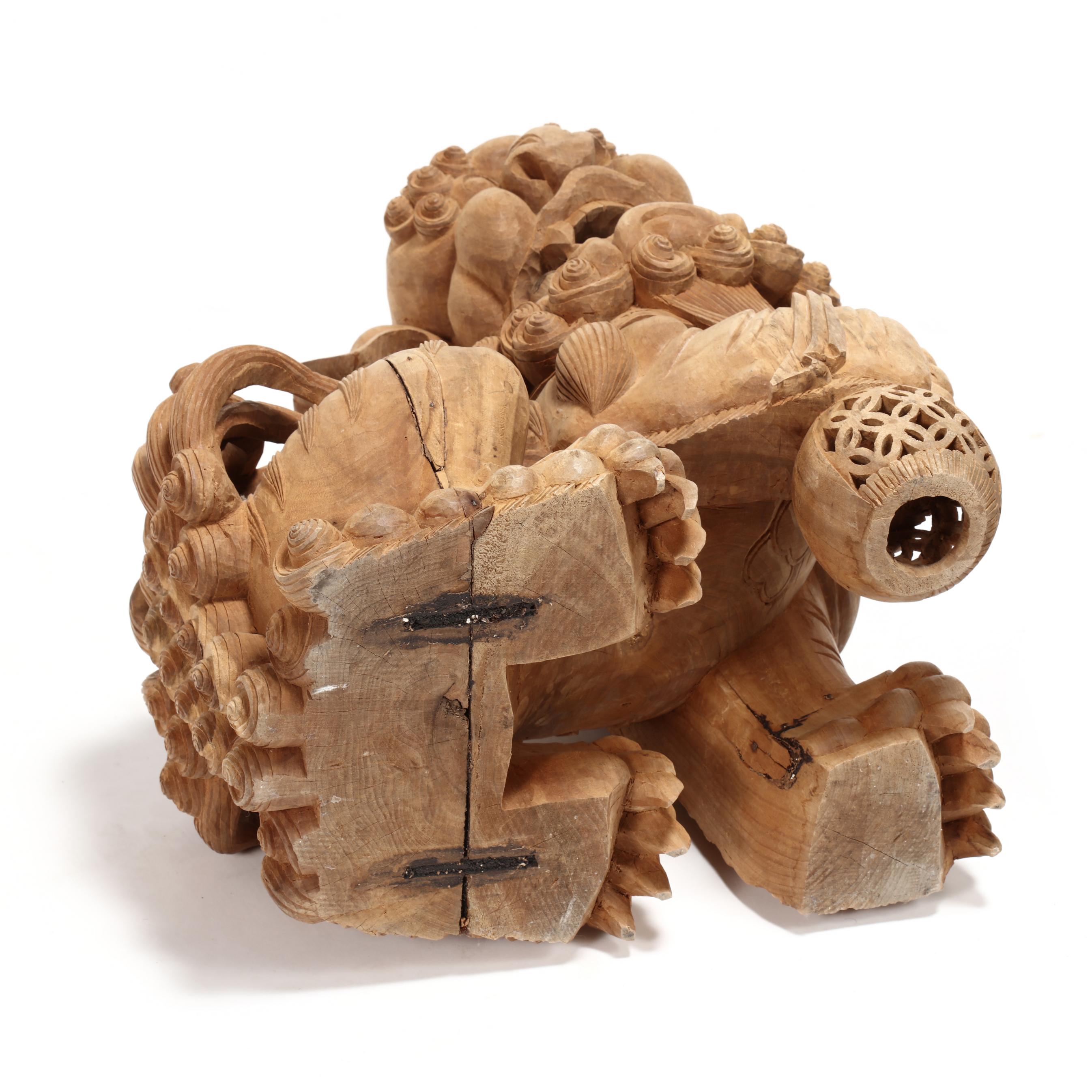 A Pair of Japanese Carved Wooden Komainu Guardian Dogs (Lot 114