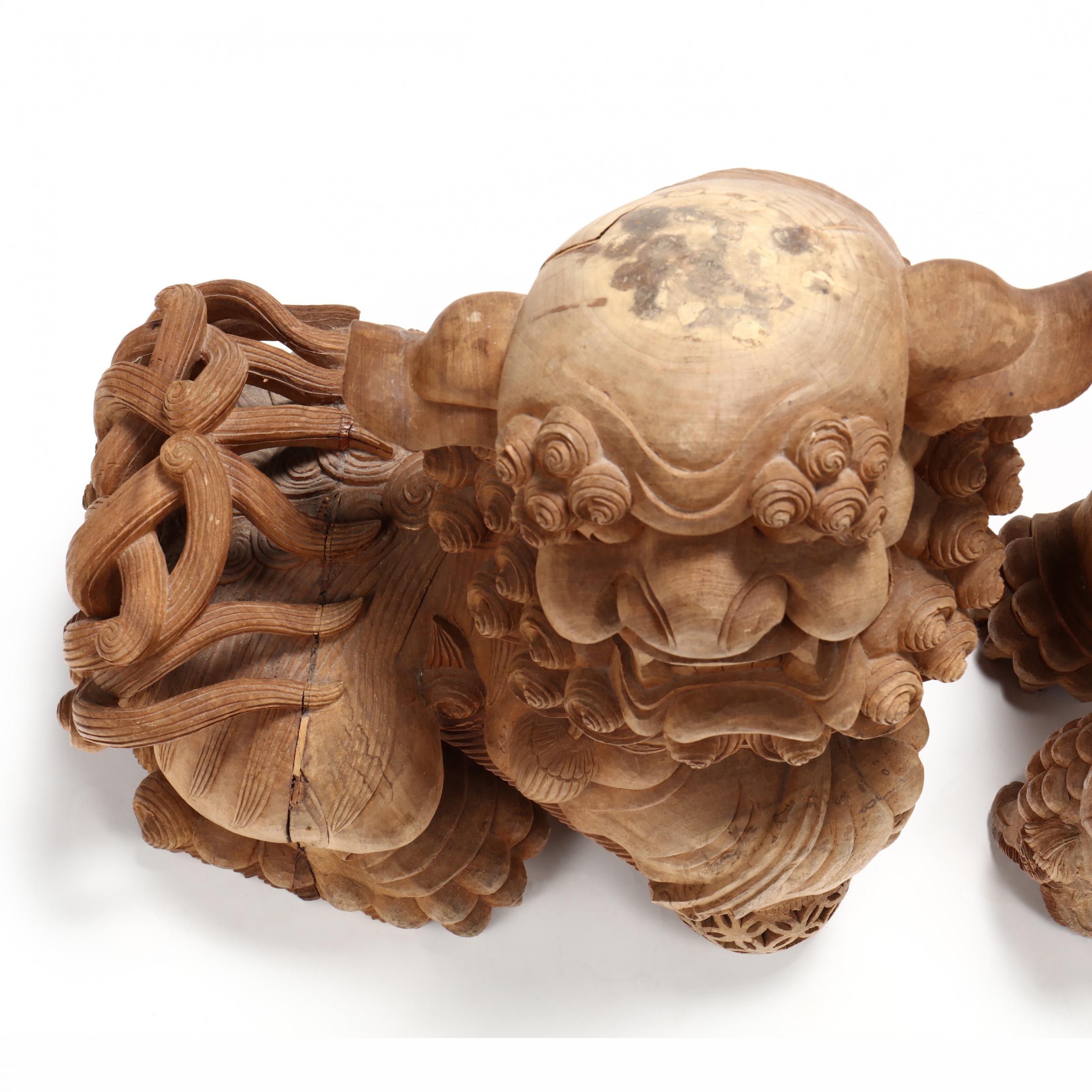 A Pair of Japanese Carved Wooden Komainu Guardian Dogs (Lot 114