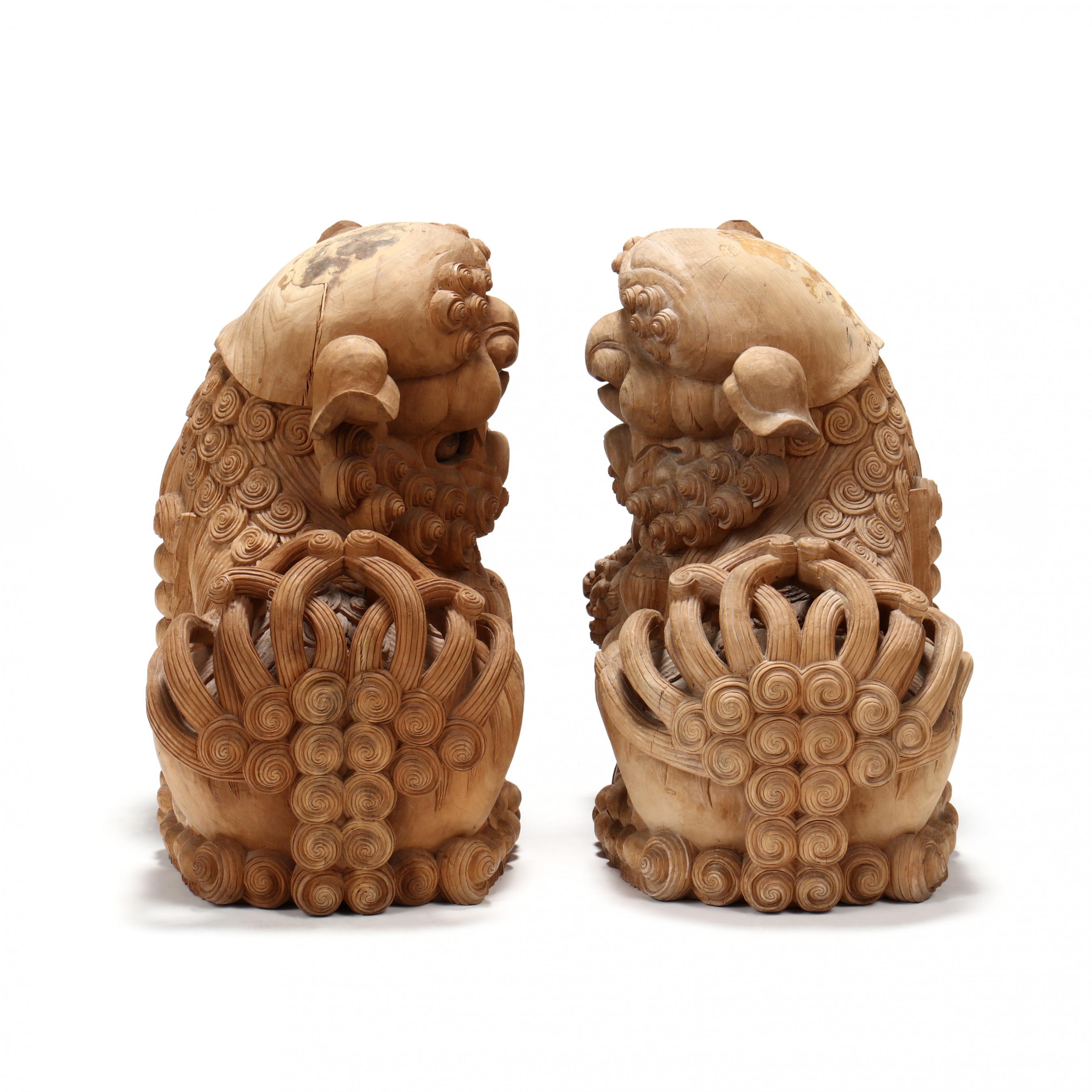 A Pair of Japanese Carved Wooden Komainu Guardian Dogs (Lot 114