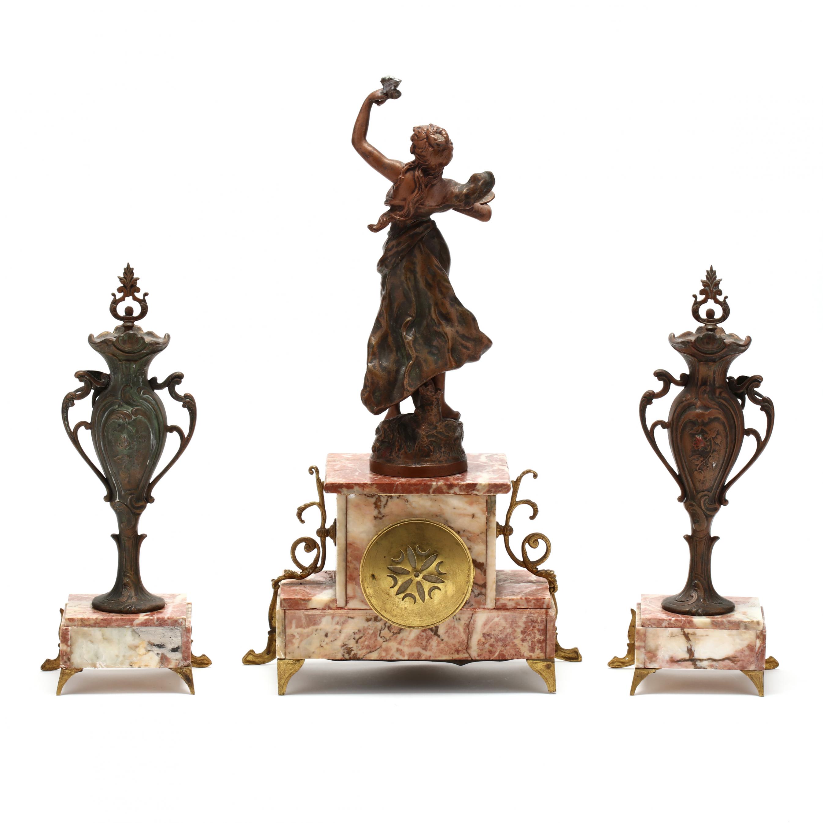 Art Nouveau Japy Frères, Three Piece Figural Mantel Clock (Lot 357