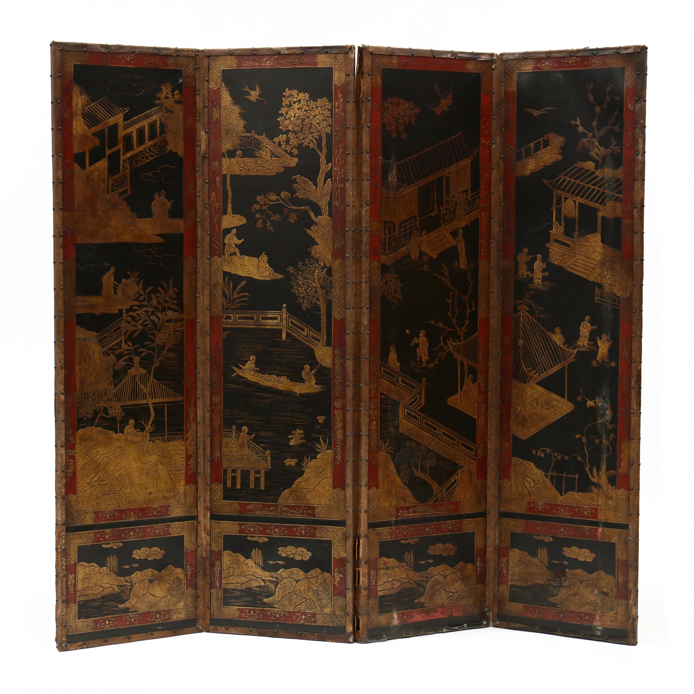 Vintage Chinese Painted Leather Floor Screen (Lot 1126 - Asian