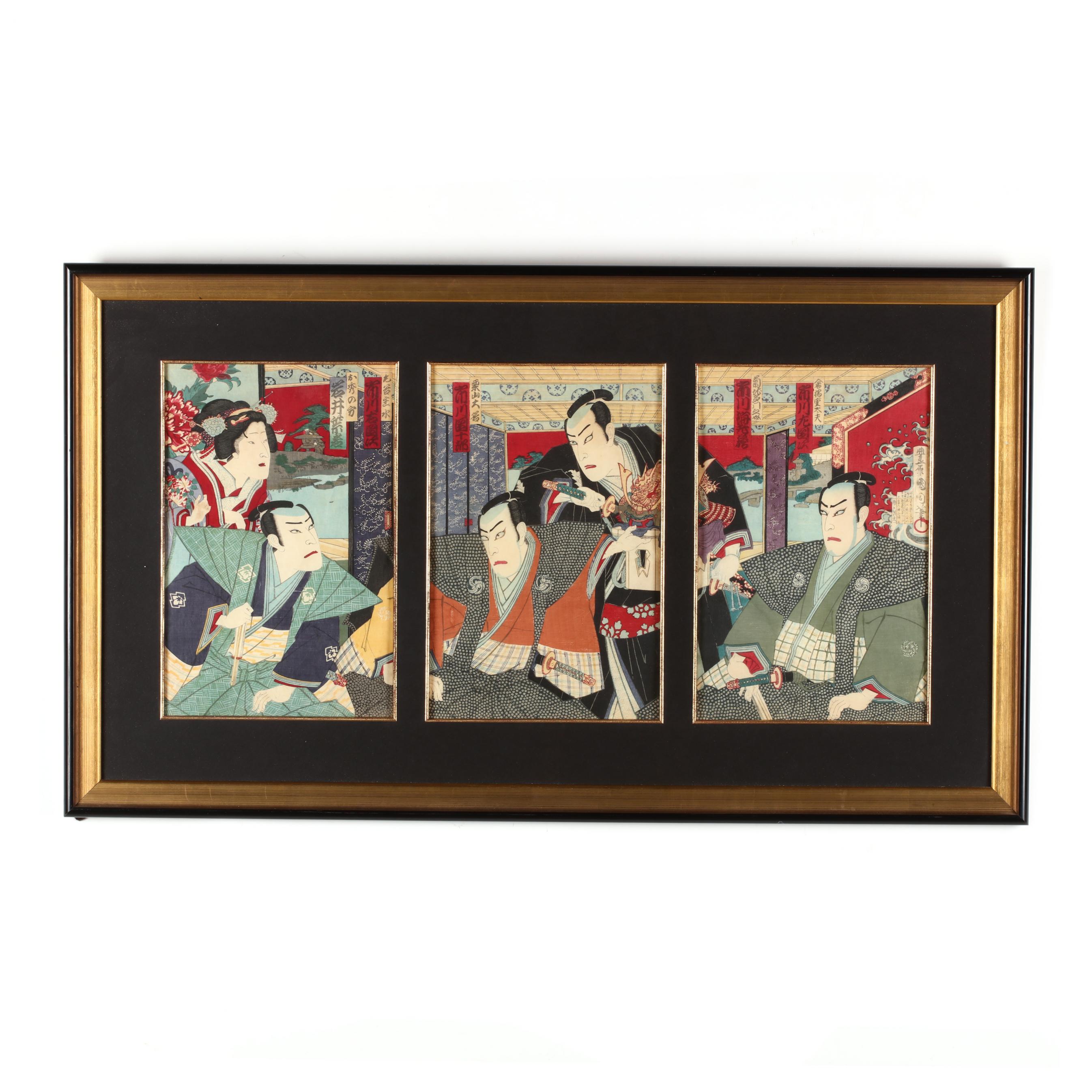 Toyohara Kunichika (Japanese, 1835-1900), Triptych of Kabuki