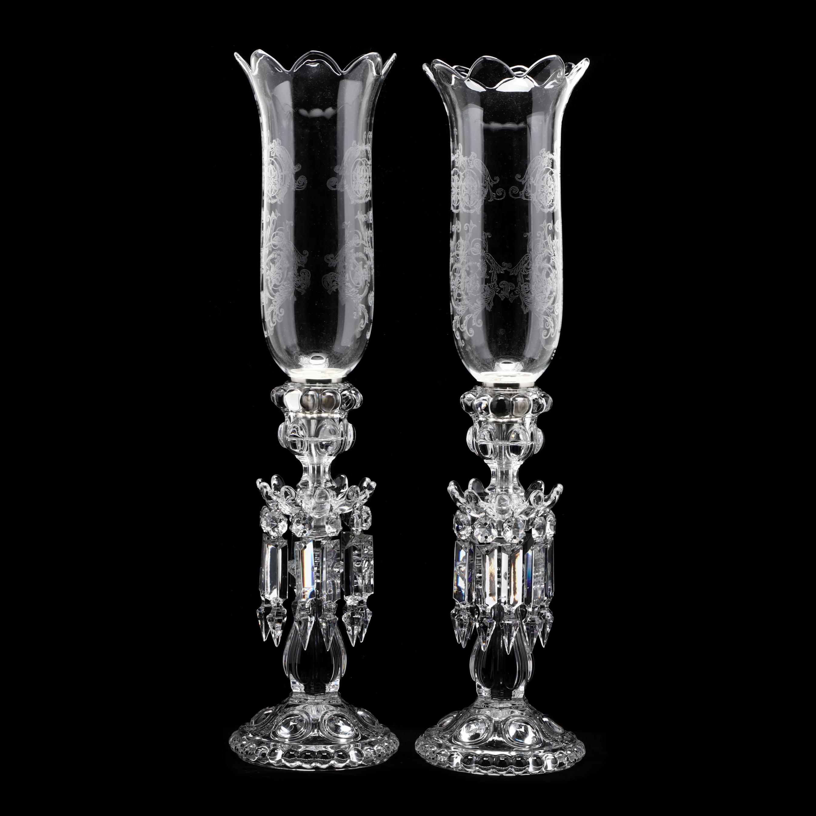 Baccarat, Pair of Drop Prism Crystal Candlesticks with Shades (Lot