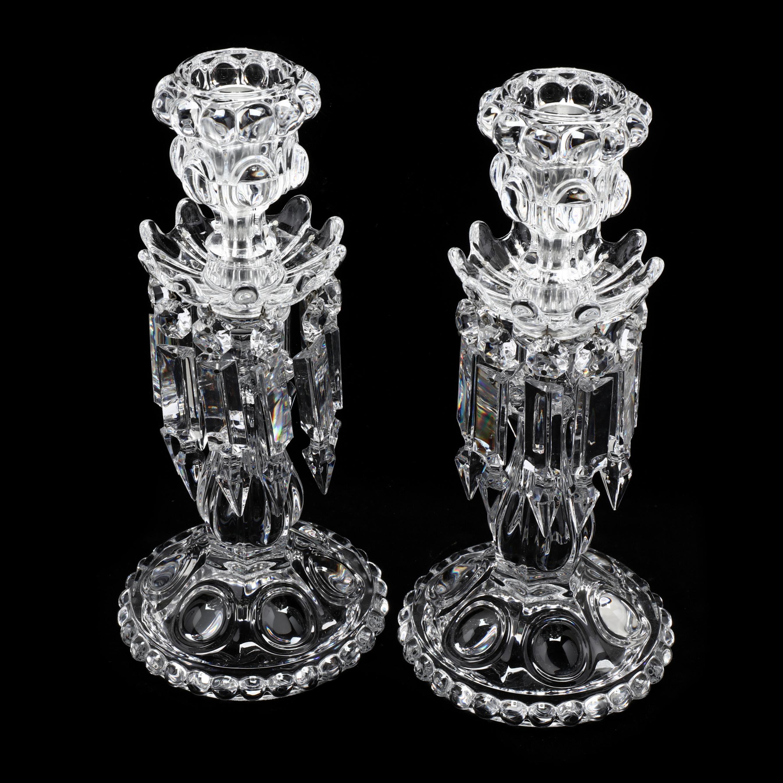 Baccarat, Pair of Drop Prism Crystal Candlesticks with Shades (Lot