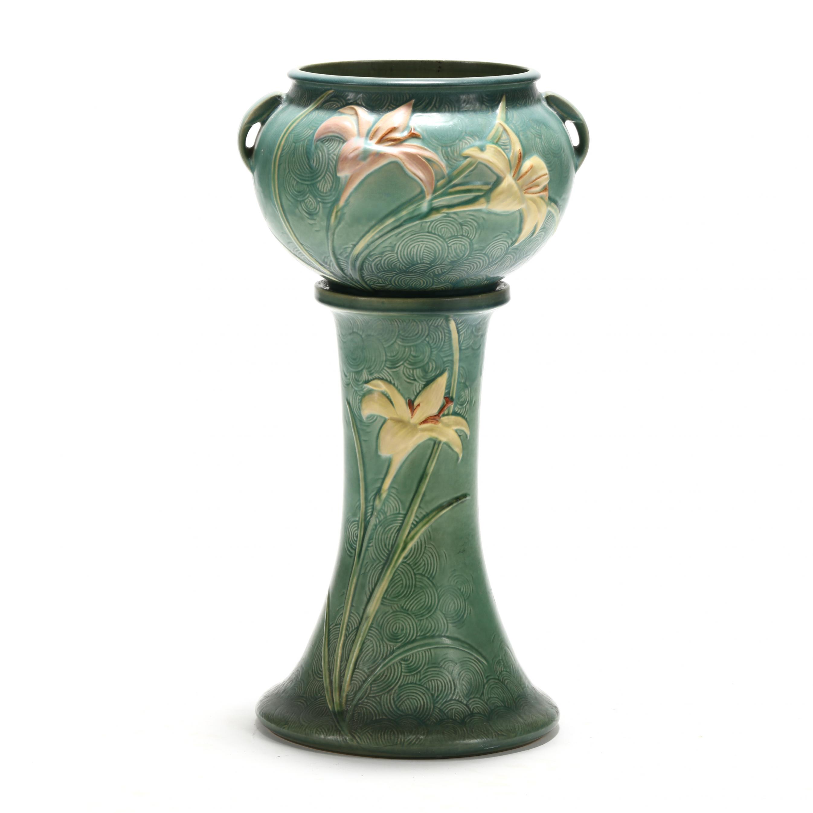 Roseville, Blue Zephyr Lily Jardiniere and Pedestal (Lot 2338