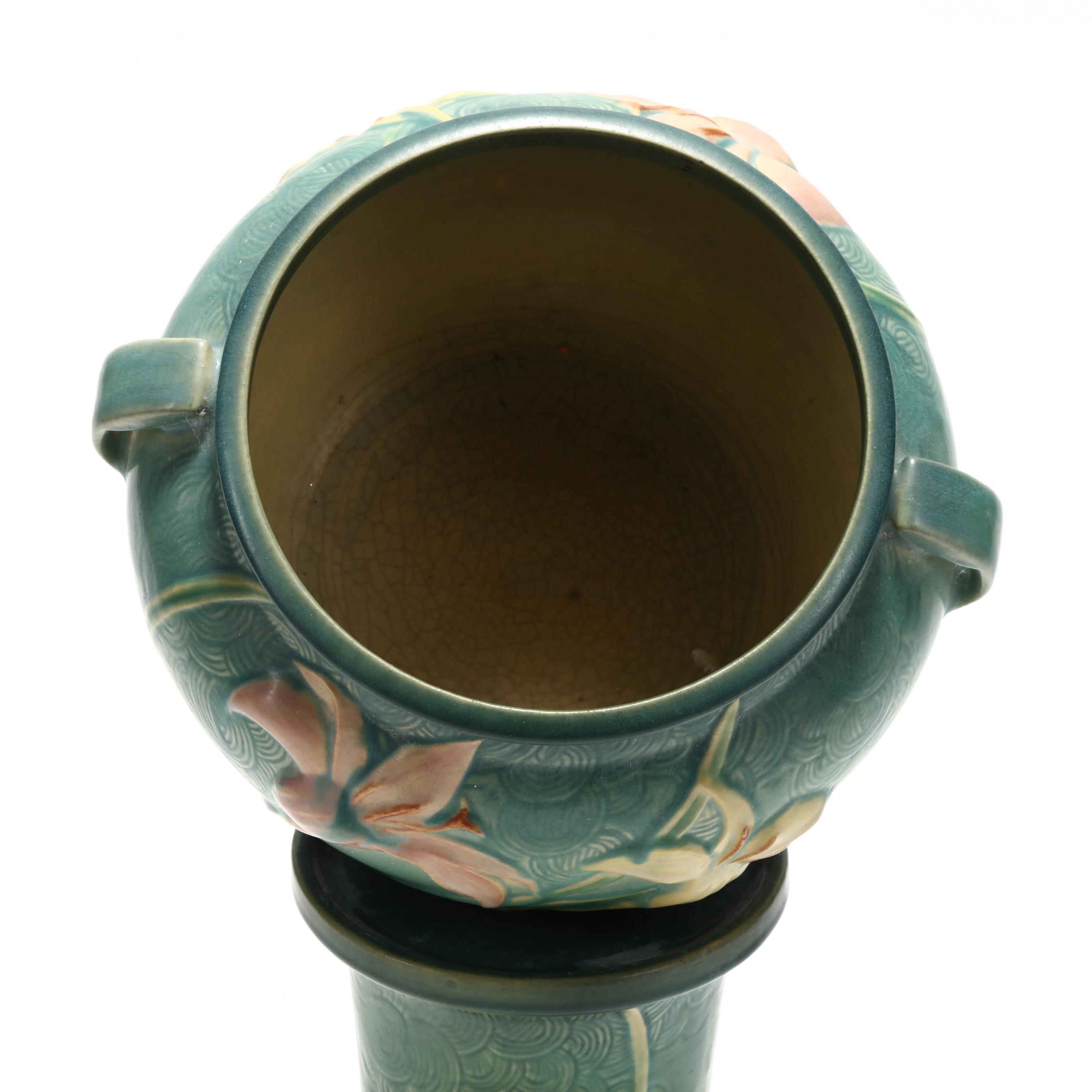 Roseville, Blue Zephyr Lily Jardiniere and Pedestal (Lot 2338