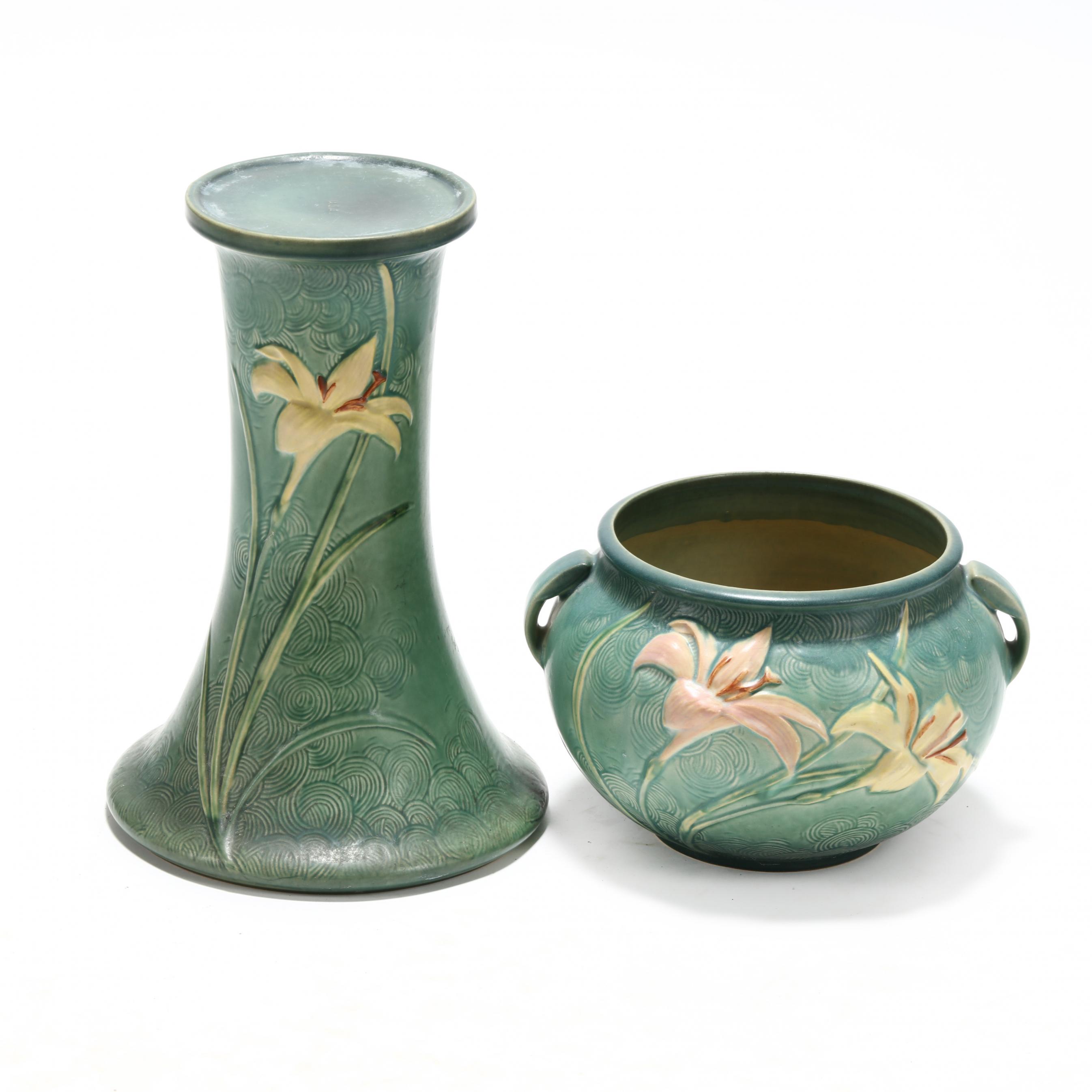Roseville, Blue Zephyr Lily Jardiniere and Pedestal (Lot 2338