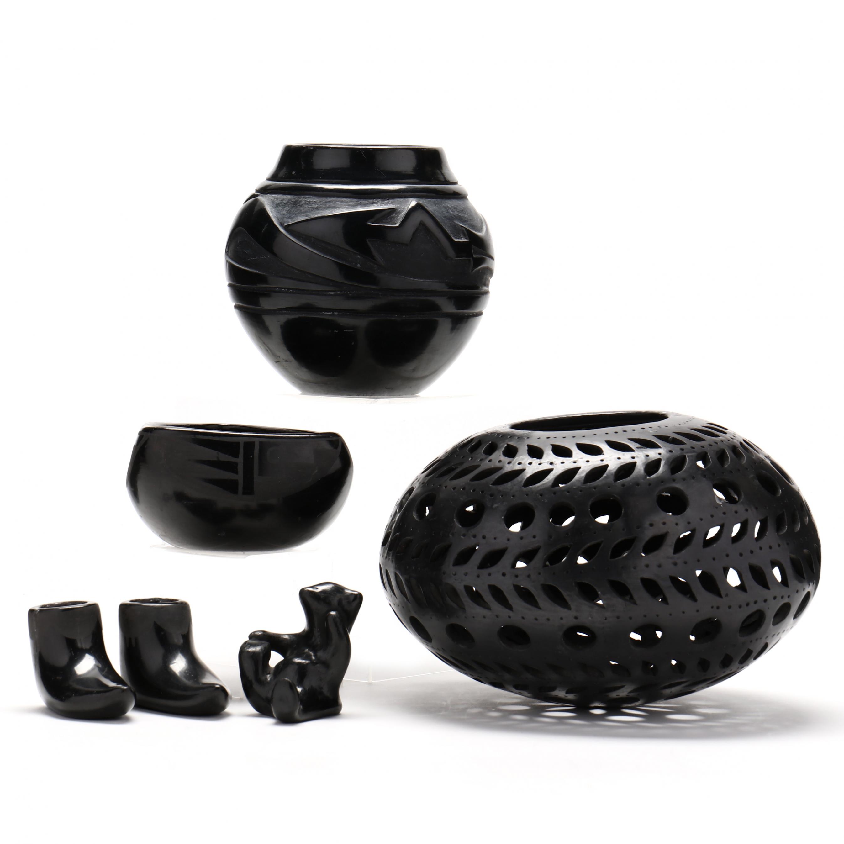 Six Santa Clara Pueblo Blackware Pottery Items, including Severa