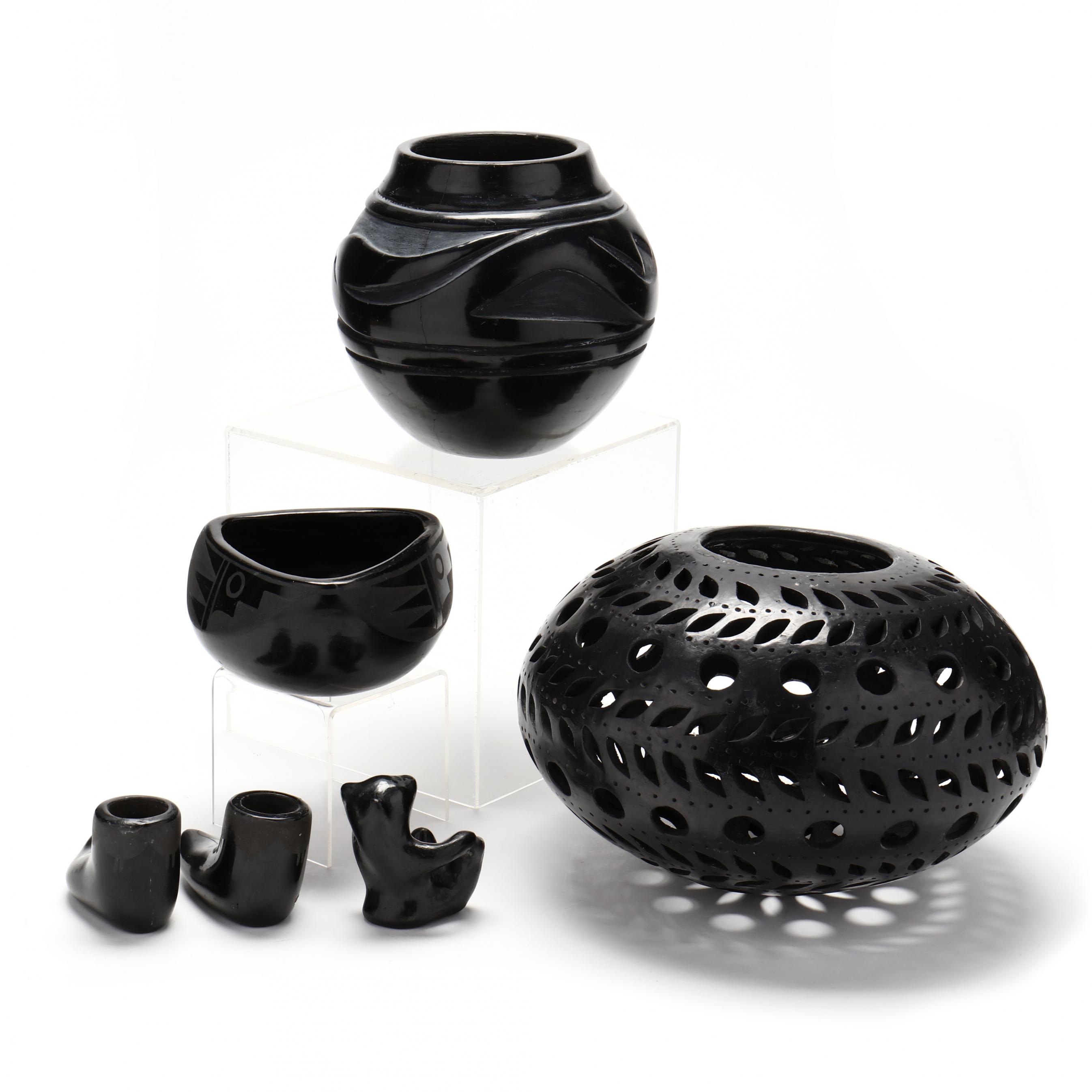 Six Santa Clara Pueblo Blackware Pottery Items, including Severa