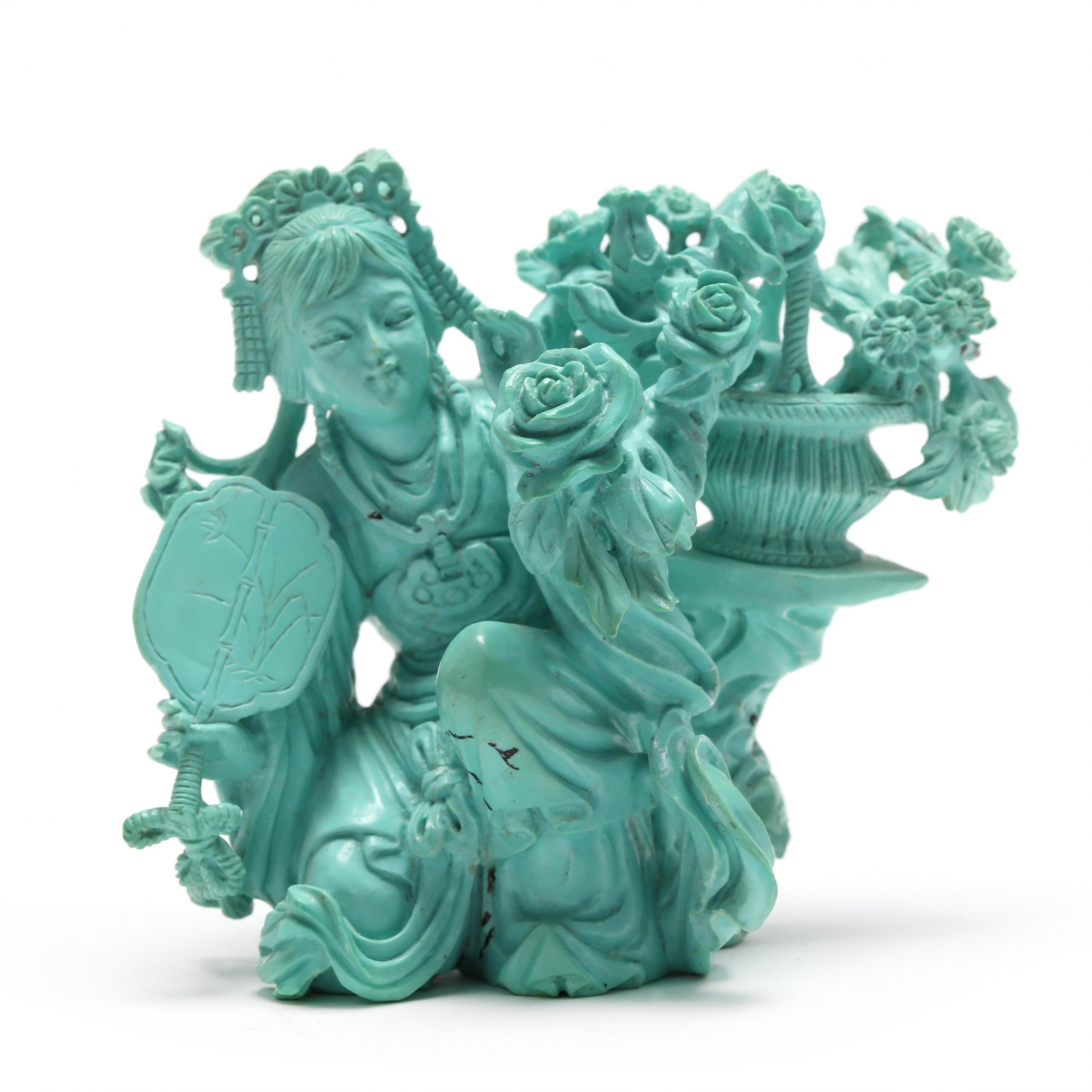 A Chinese Turquoise Carving of Lady with Flower Basket (Lot