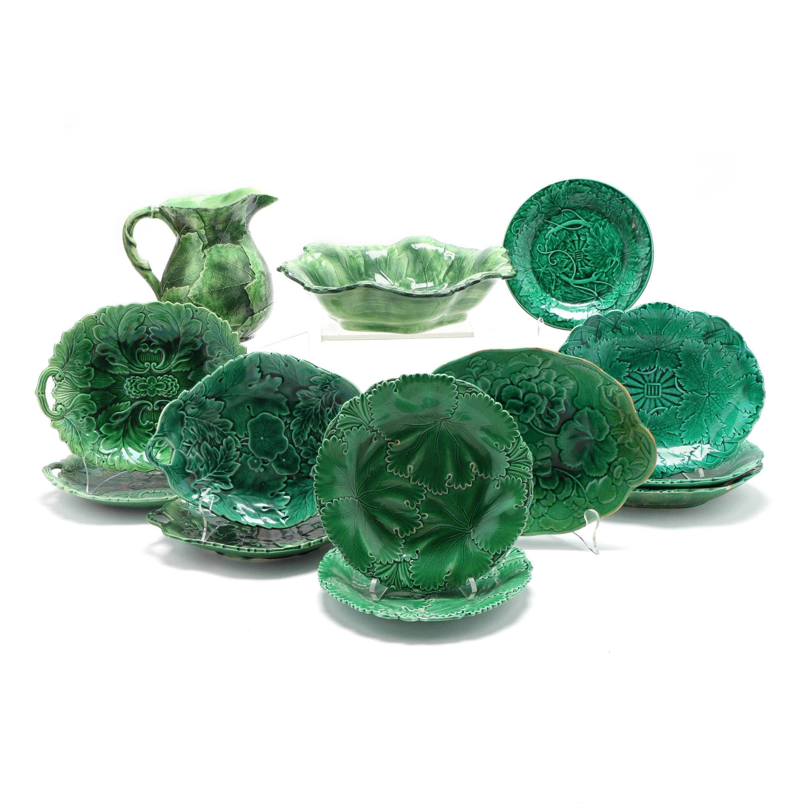 Group of Green Leaf Majolica: Ten Vintage Plates, Vietri Pitcher