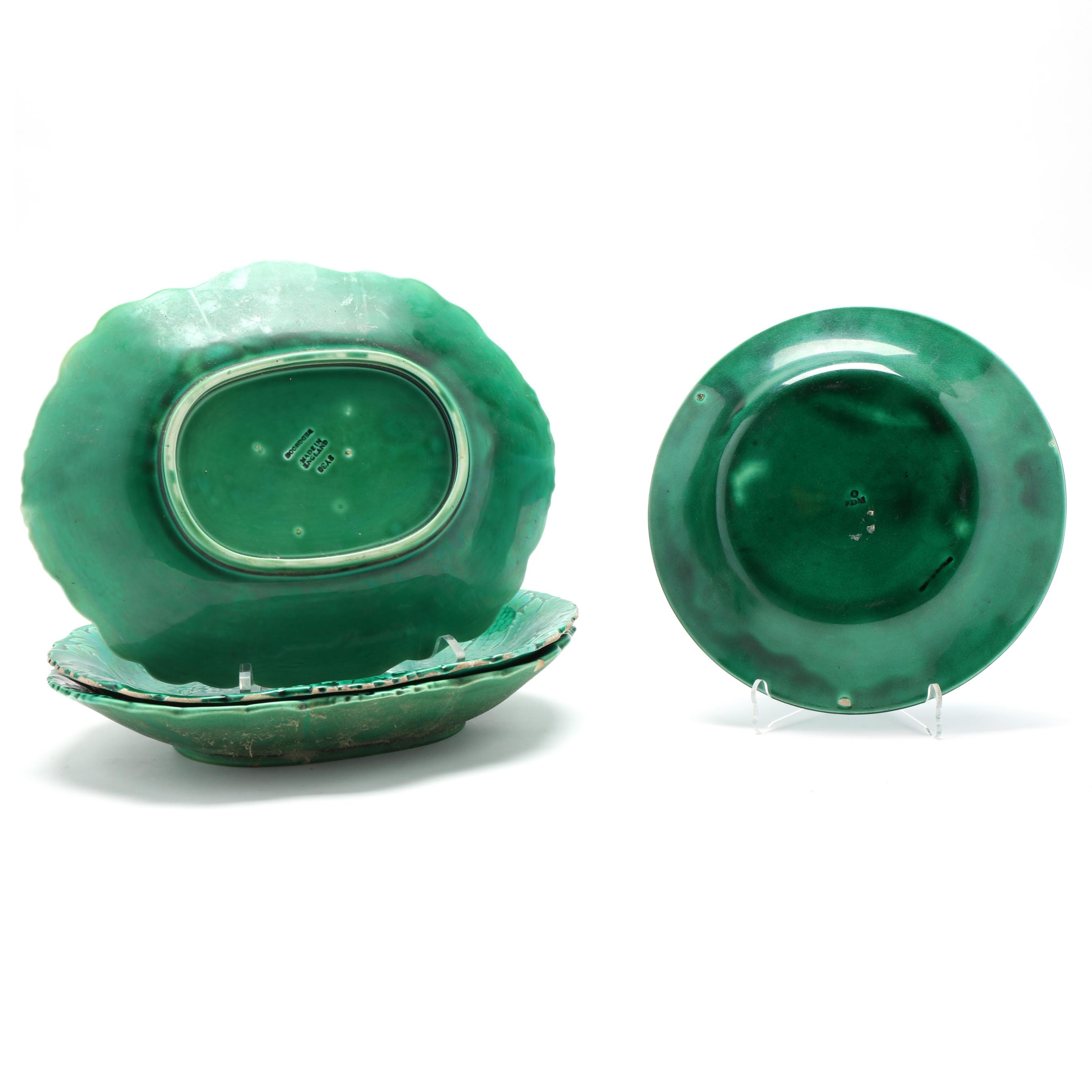 Group of Green Leaf Majolica: Ten Vintage Plates, Vietri Pitcher Group of Green Leaf Majolica: Ten Vintage Plates, Vietri Pitcher