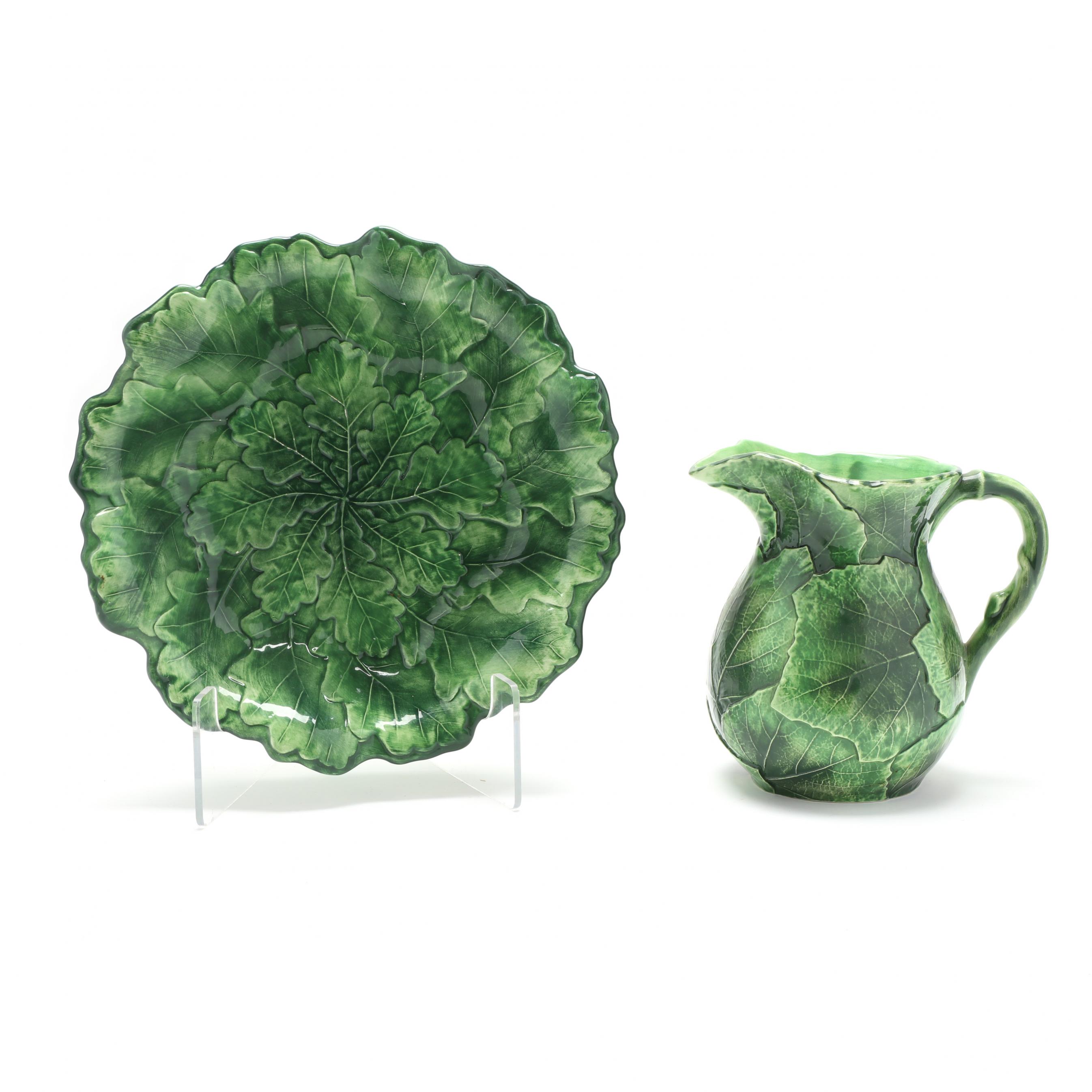 Group of Green Leaf Majolica: Ten Vintage Plates, Vietri Pitcher