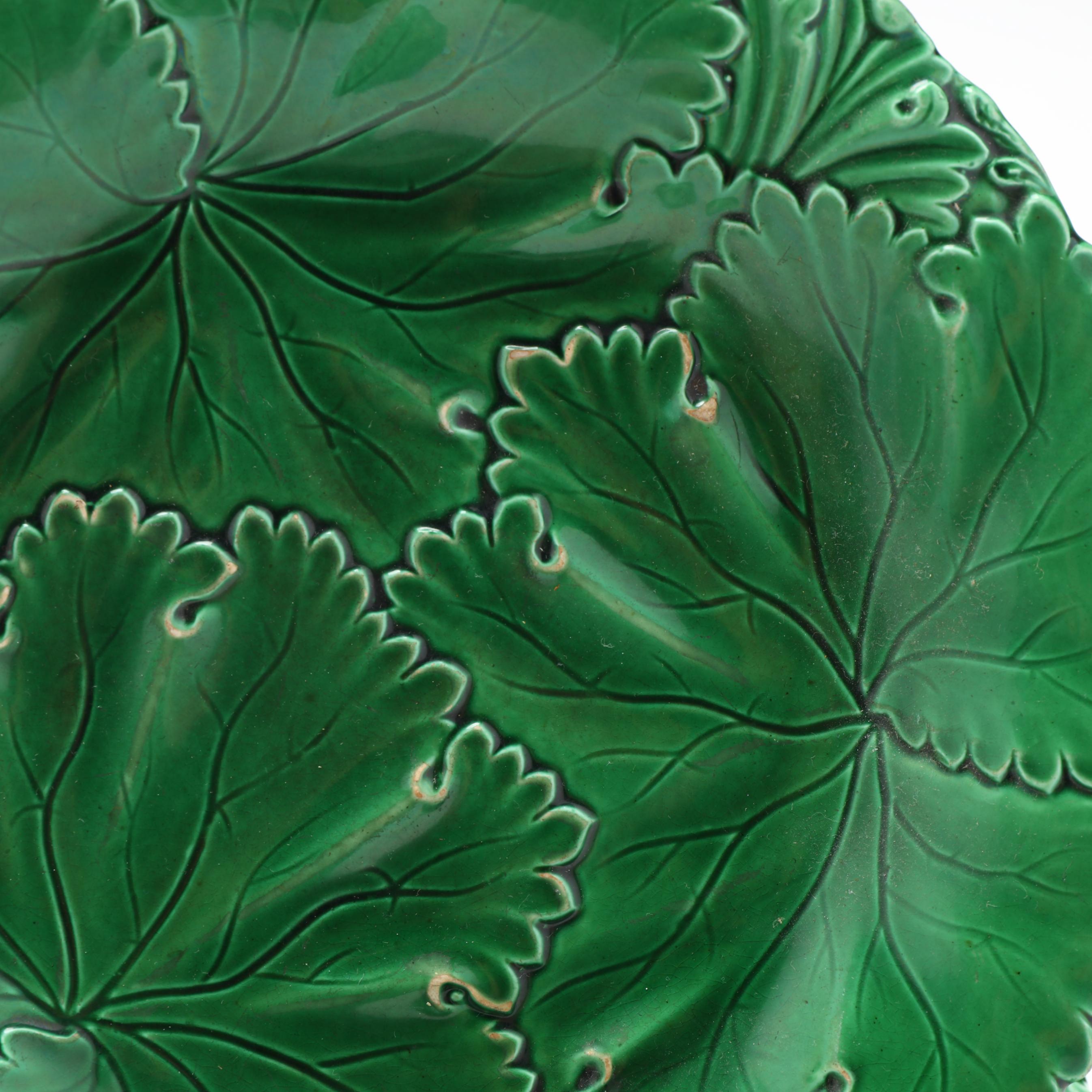 Group of Green Leaf Majolica: Ten Vintage Plates, Vietri Pitcher