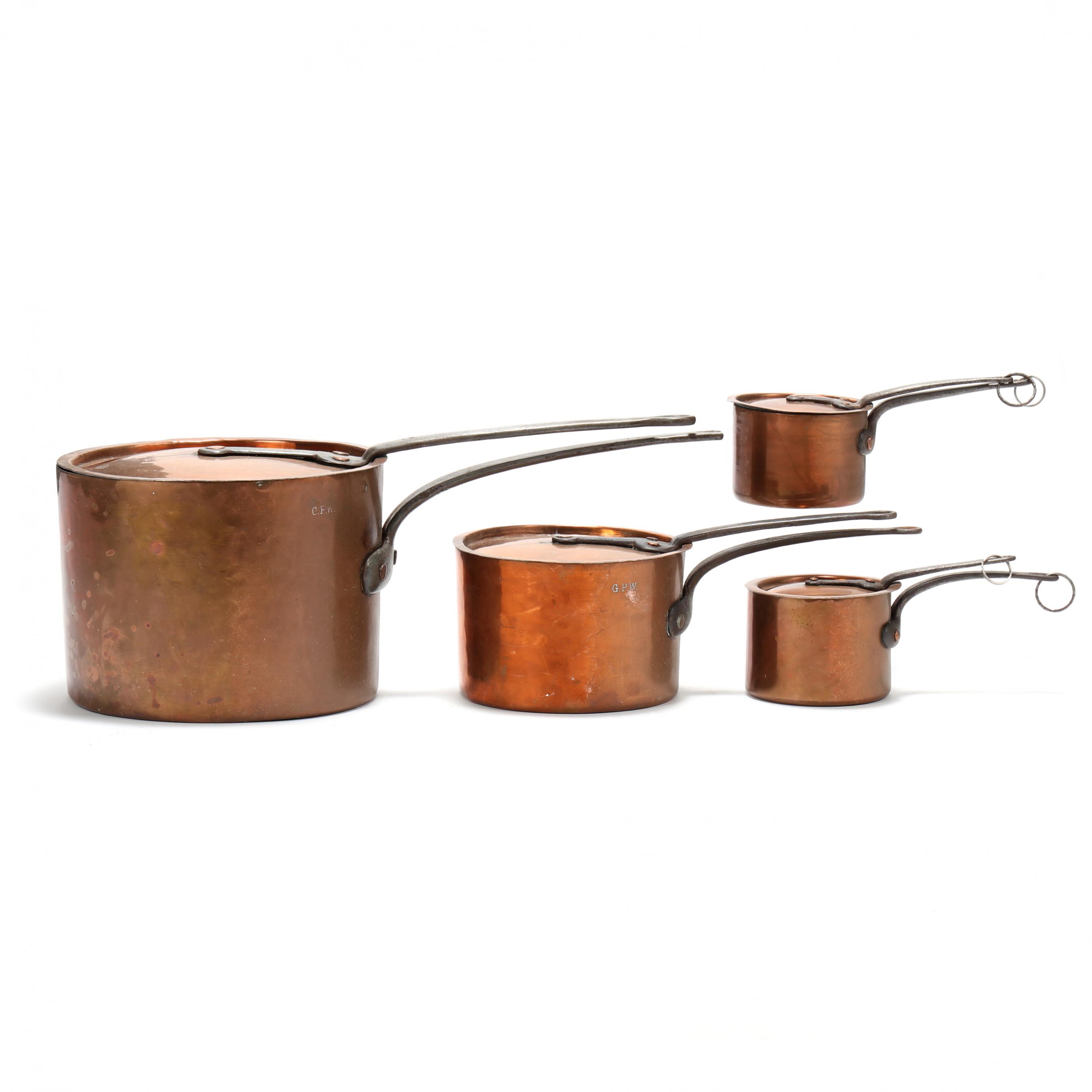 Group of Four Antique Copper Clad Cookware, L.F.D & H (Duparquet