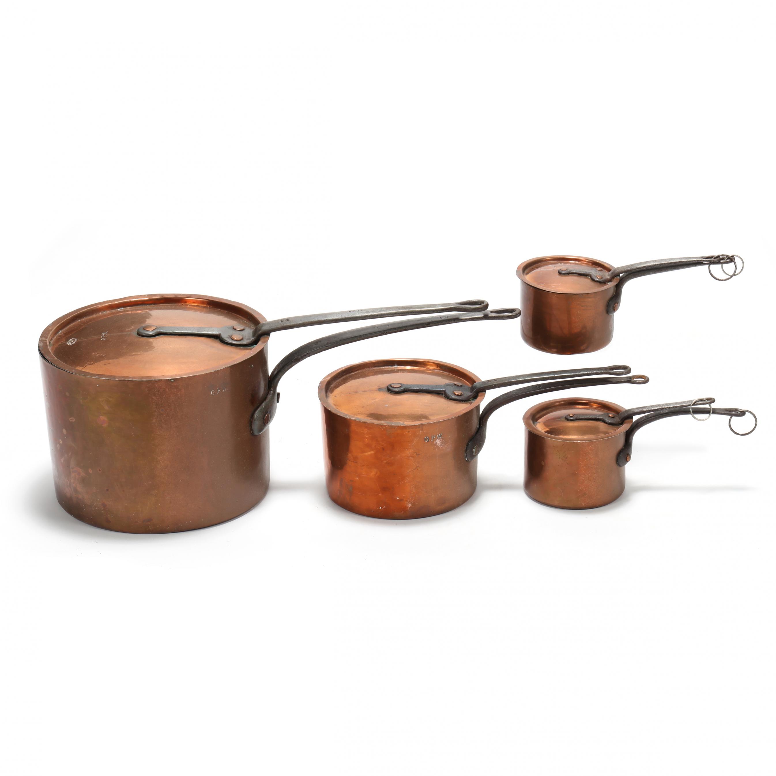 Group of Four Antique Copper Clad Cookware, L.F.D & H (Duparquet