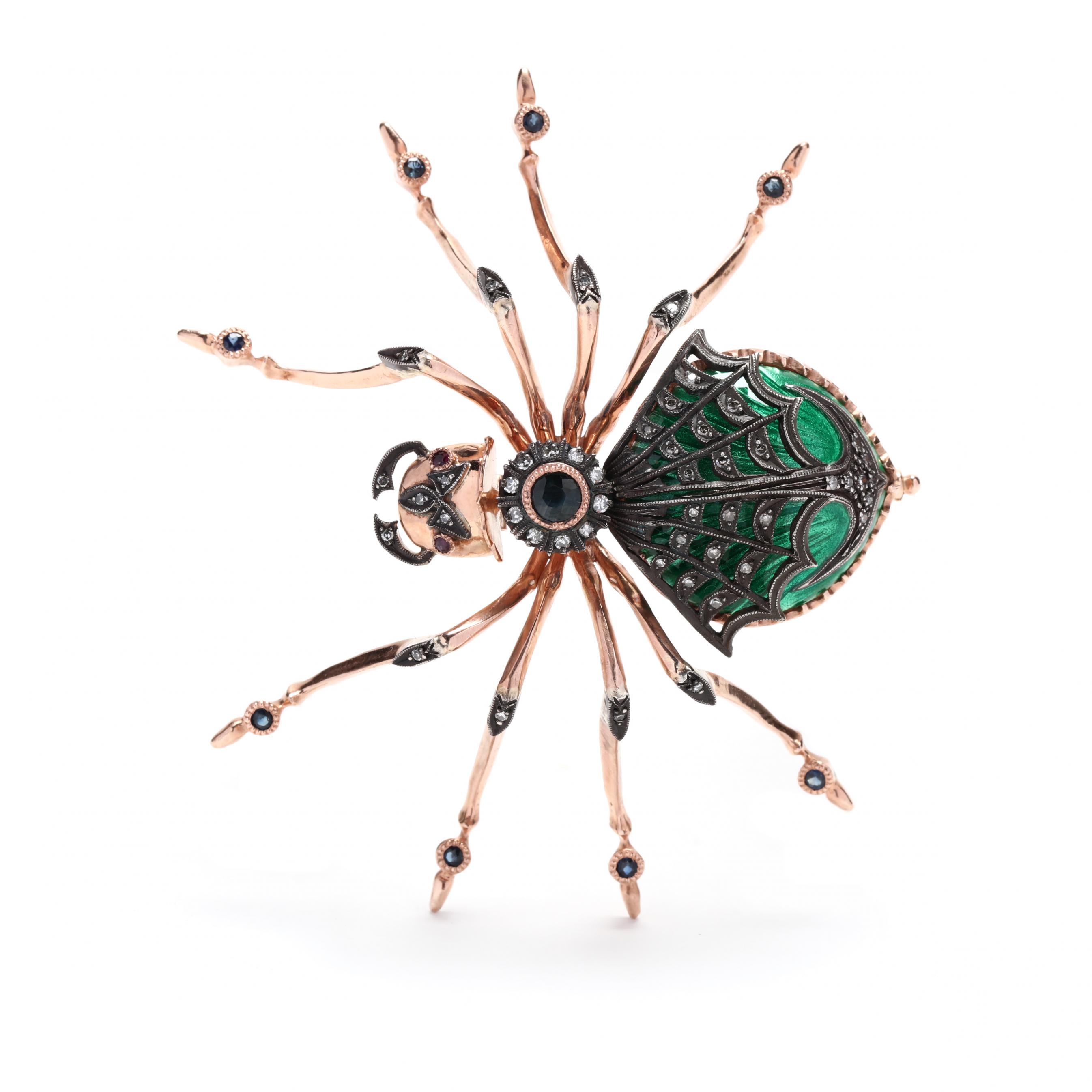 Rose Gold, Silver, Enamel, and Gem-Set Spider Brooch (Lot 12