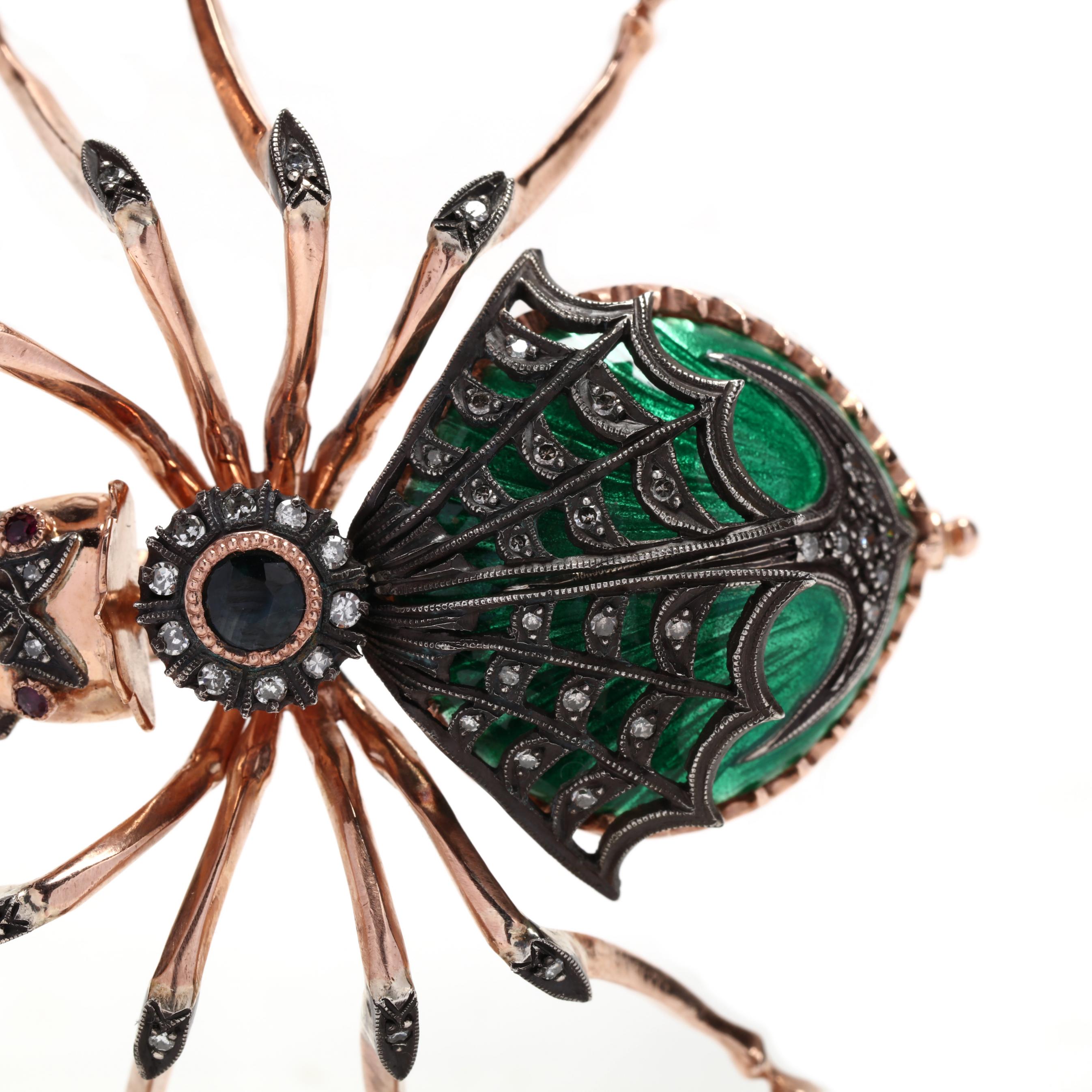 Rose Gold, Silver, Enamel, and Gem-Set Spider Brooch (Lot 12