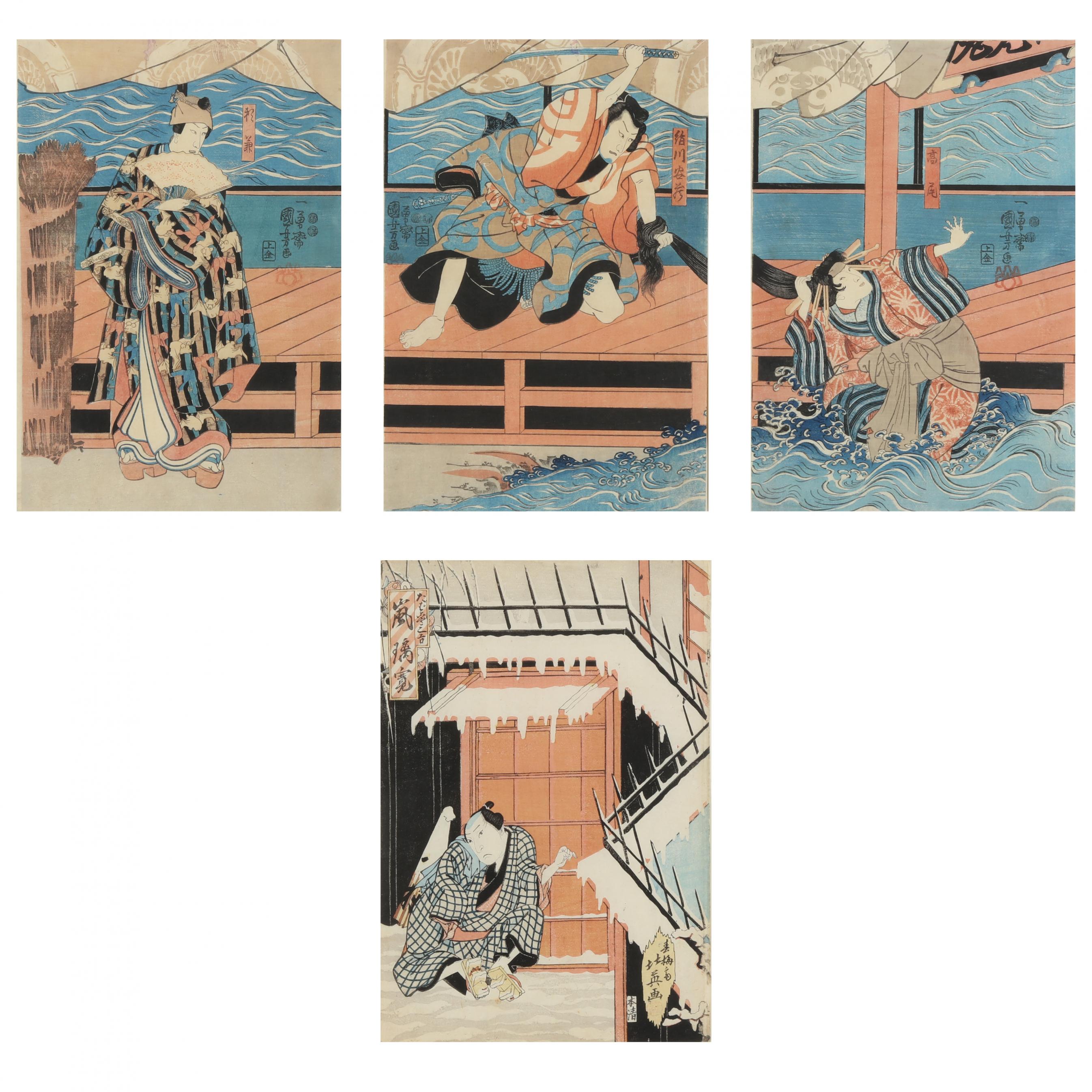 A Japanese Woodblock Print Triptych and Single Sheet Print (Lot