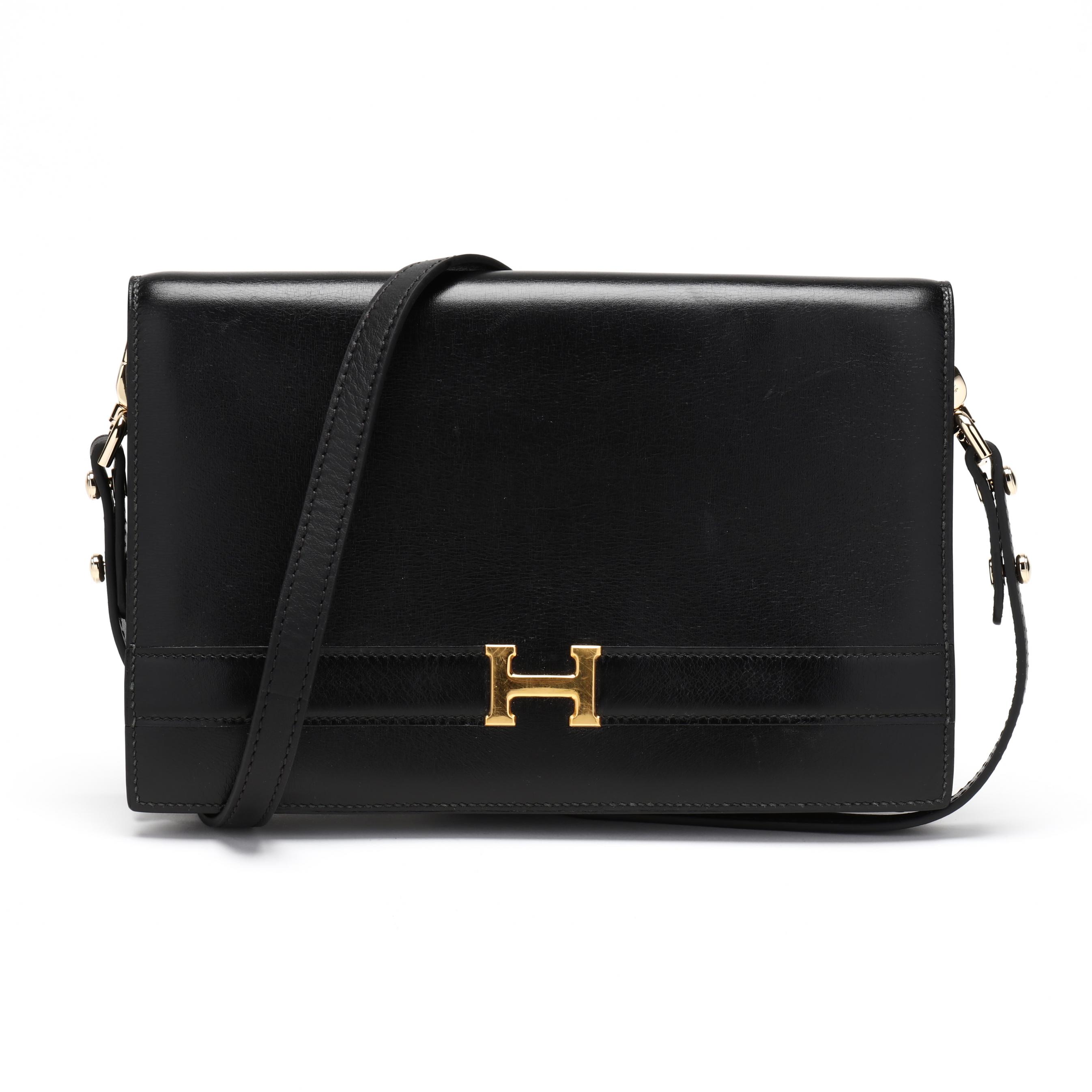 HERMÈS Vintage Box Calf Leather Black Bag Ring with Shoulder